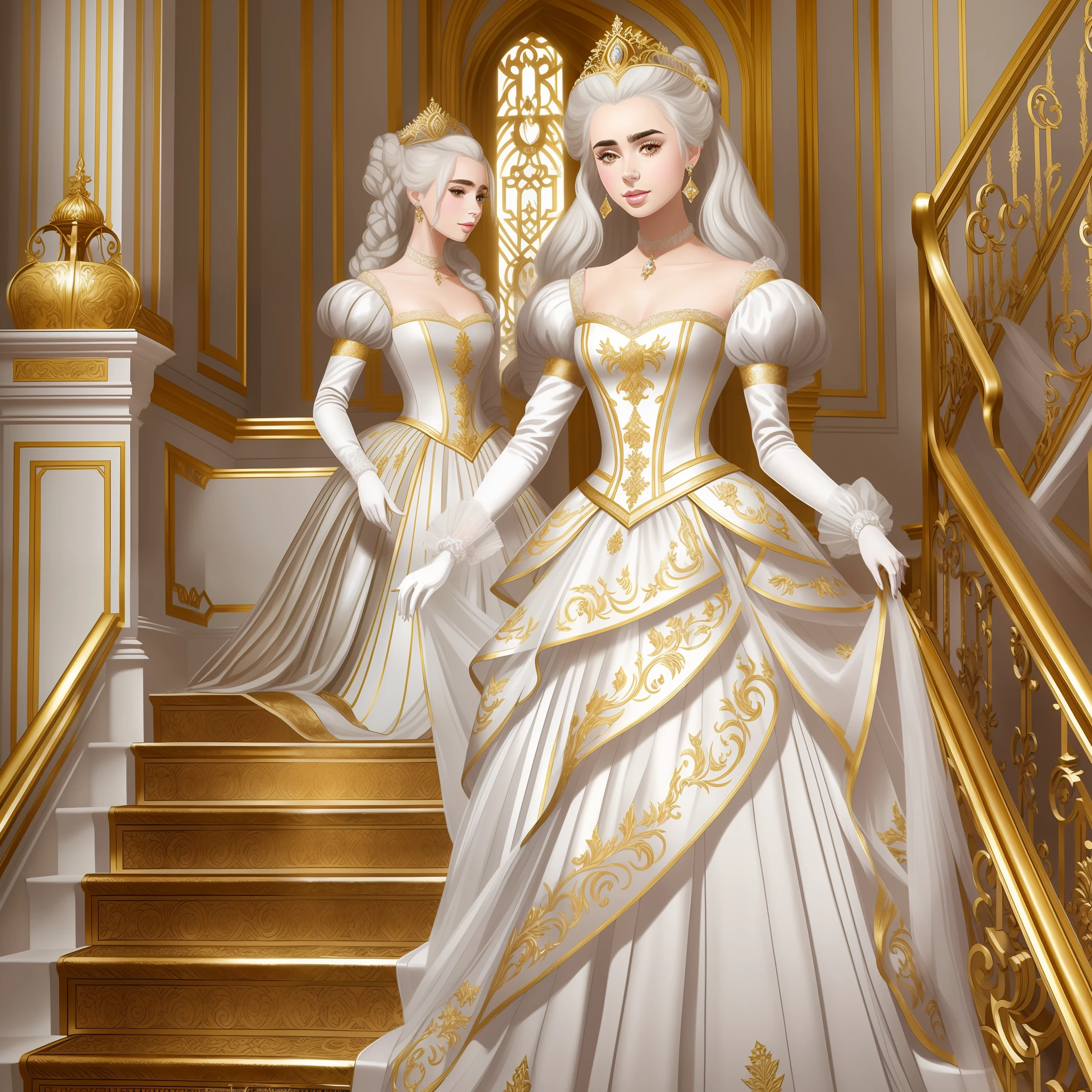 Lily Collins with white hair with Marie Antoinette hairstyle, wearing a super detailed golden long sleeve dress and gloves, diamond tiara, coming down the stairs from inside a palace in the hall where a costume ball with several ladies and knights takes place illustration is detailed, soft and bright, art by Stjepan Sejic