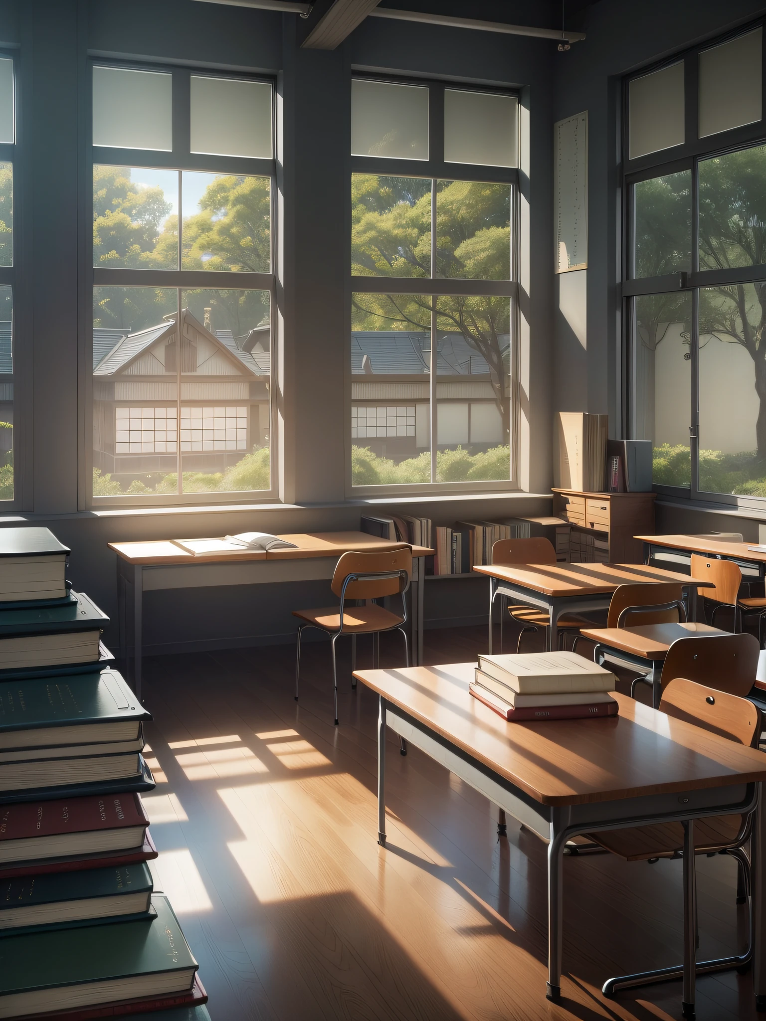 A study room, a classroom with large windows, tables, chairs and a blackboard for learning, bookshelves, a stack of notebooks on the teacher's desk, falling light in the morning, staggered Japanese school, books and notebooks, background