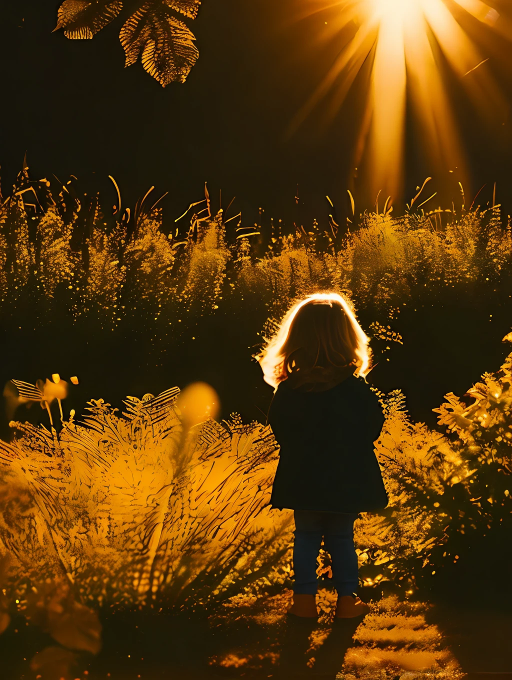 A serene image capturing a  with her hands in her pockets, waiting for her mother to come home. The warm, golden sunlight filters through the leaves overhead, casting dappled hues on the child and illuminating the scene. The background features a flowing, brightly colored dappled atmosphere, with golden flowers and ferns framing the silhouette of a house with soft, golden lights. soft focus, telephoto lens, warm color palette