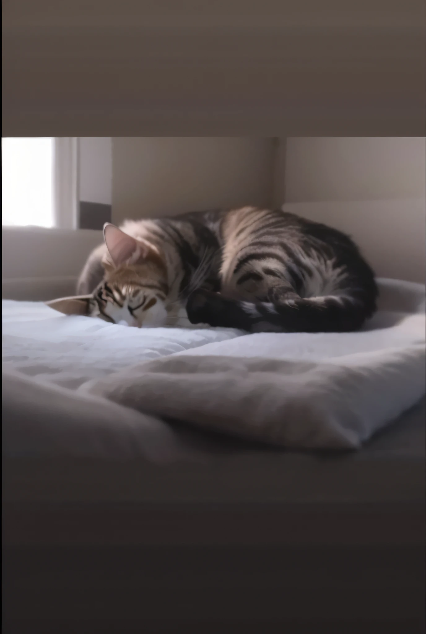 there is a cat that is sleeping on a pillow in bed, she is lying on her back, cat sleeping, a sick cat lying in a room, he is very relaxed, cat sleeping in the window, lying on a bed, sitting on a bed, lying in bed, resting on a difficult day, cats sleeping, sad cat, cat is floating in the air, 8k