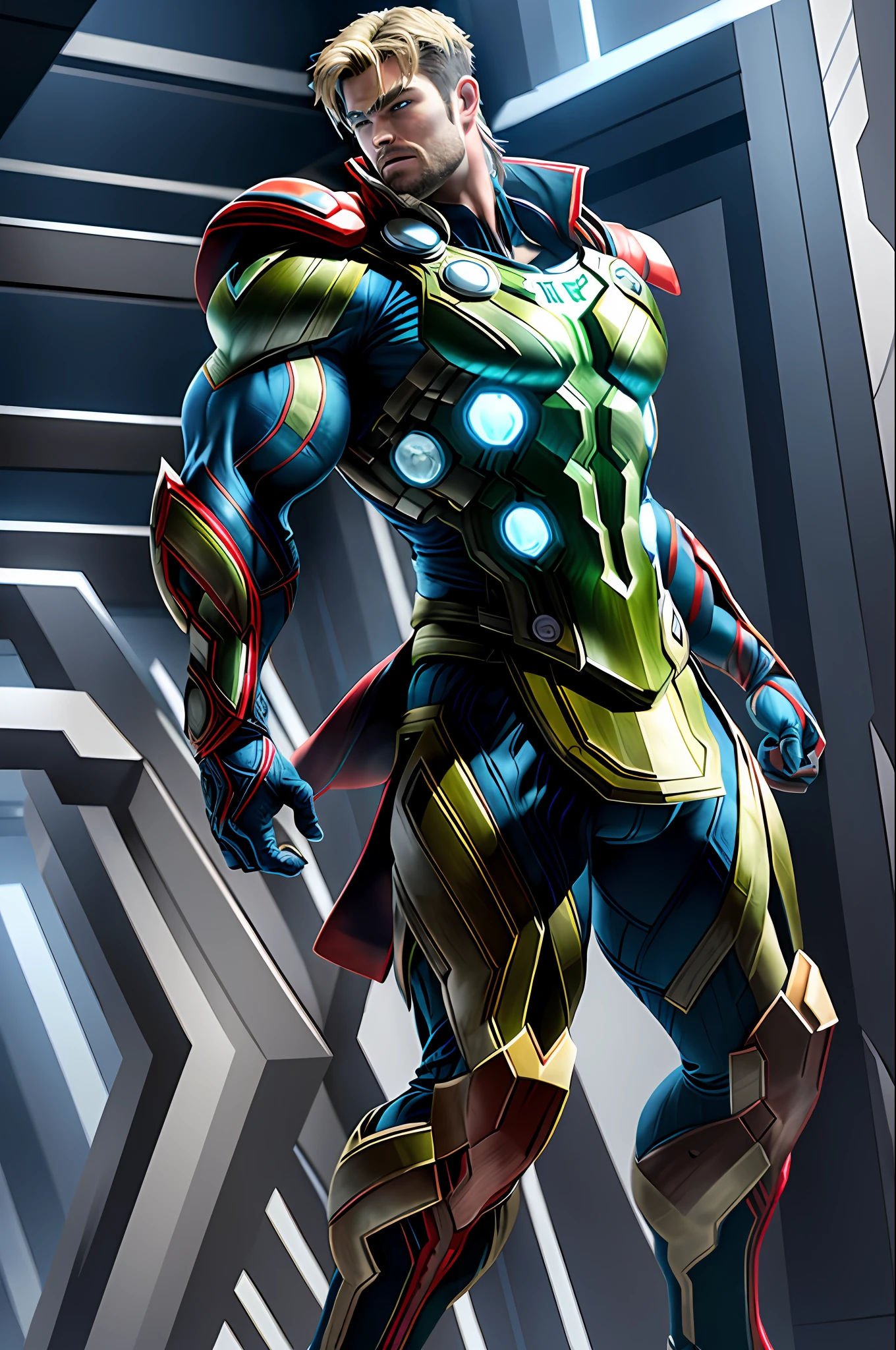 Best quality masterpiece ((Chris Hemsworth)) ((Thor)) Cyborg, elegant suit, sc3pt4 style,