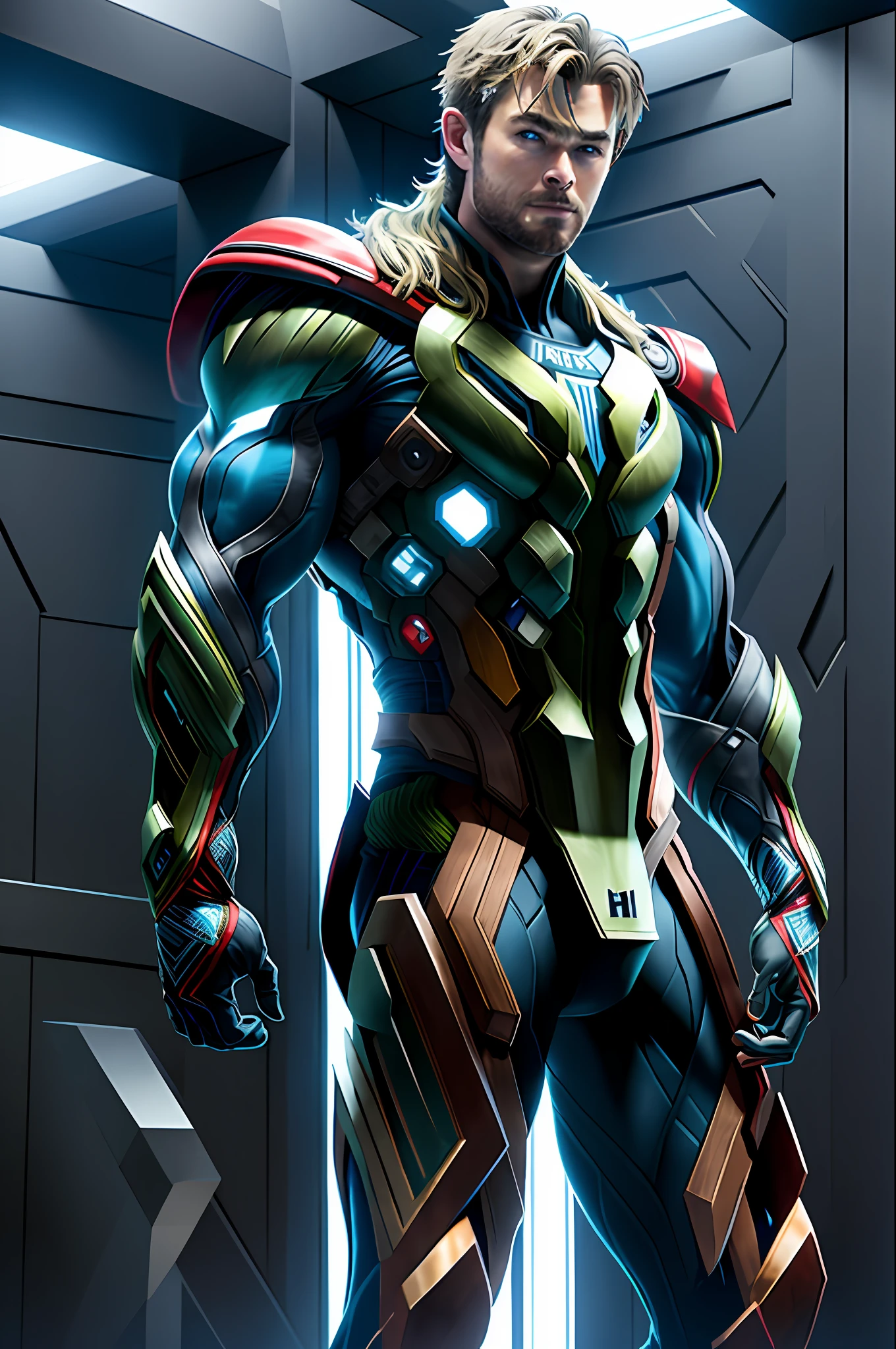 Best quality masterpiece ((Chris Hemsworth)) ((Thor)) Cyborg, elegant suit, sc3pt4 style,
