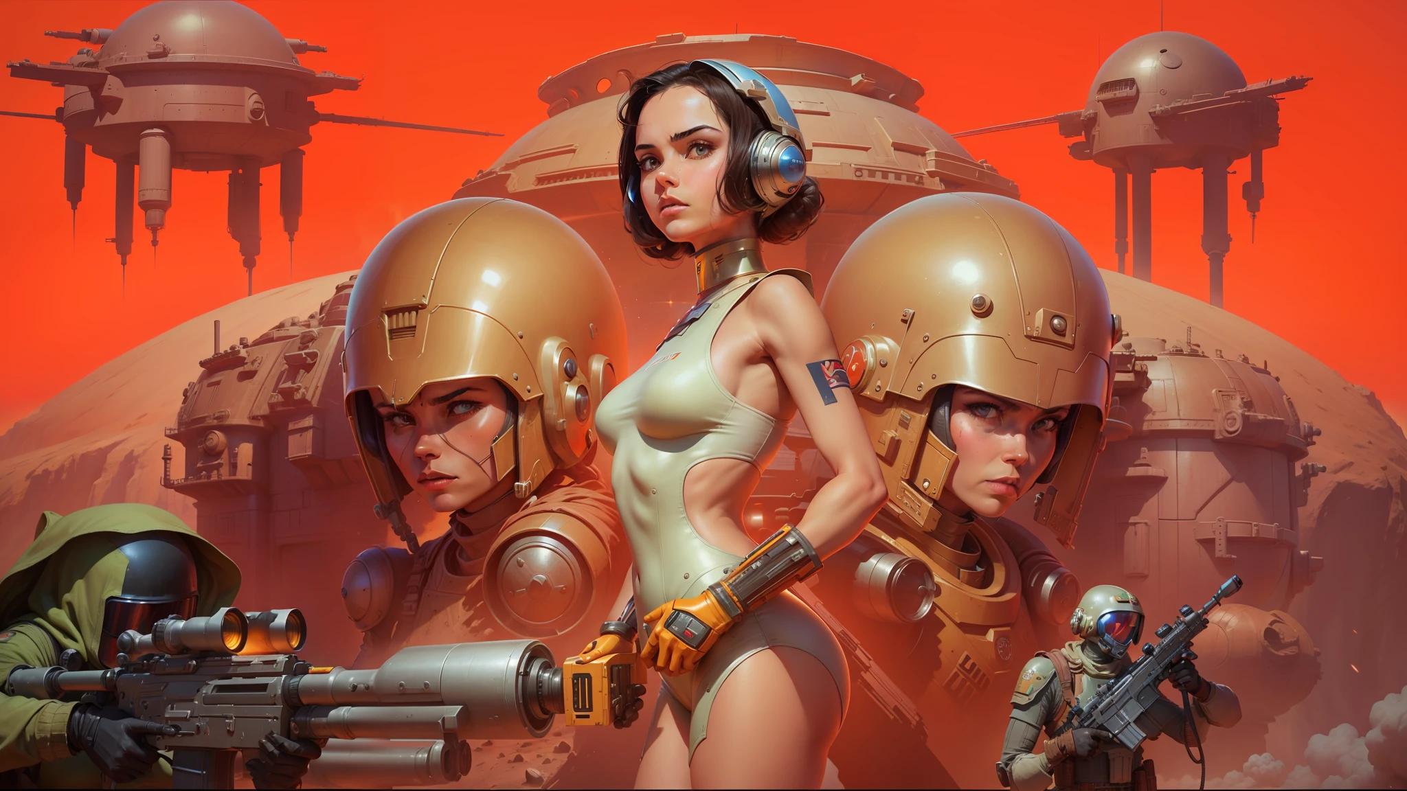 there is a woman holding a gun in front of a group of robots, inspired by Greg Hildebrandt, sci - fi : :, retro space helmet, mars invasion 2 0 3 3 - 2 0 4 2, furious gorgeous woman, trending on artstaion, art in the style of terry moore, inspired by Stevan Dohanos, tatooine --ar 16:9 --v 5.1