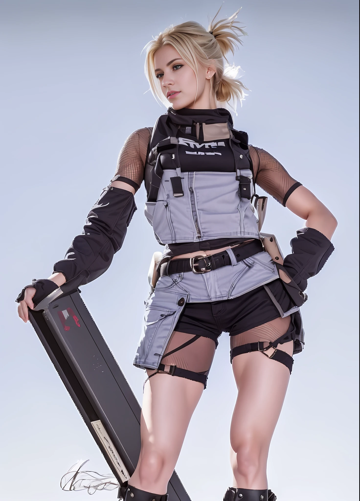 4K, woman, muscular body, blonde hair, jeans suit, holding a giant fan.