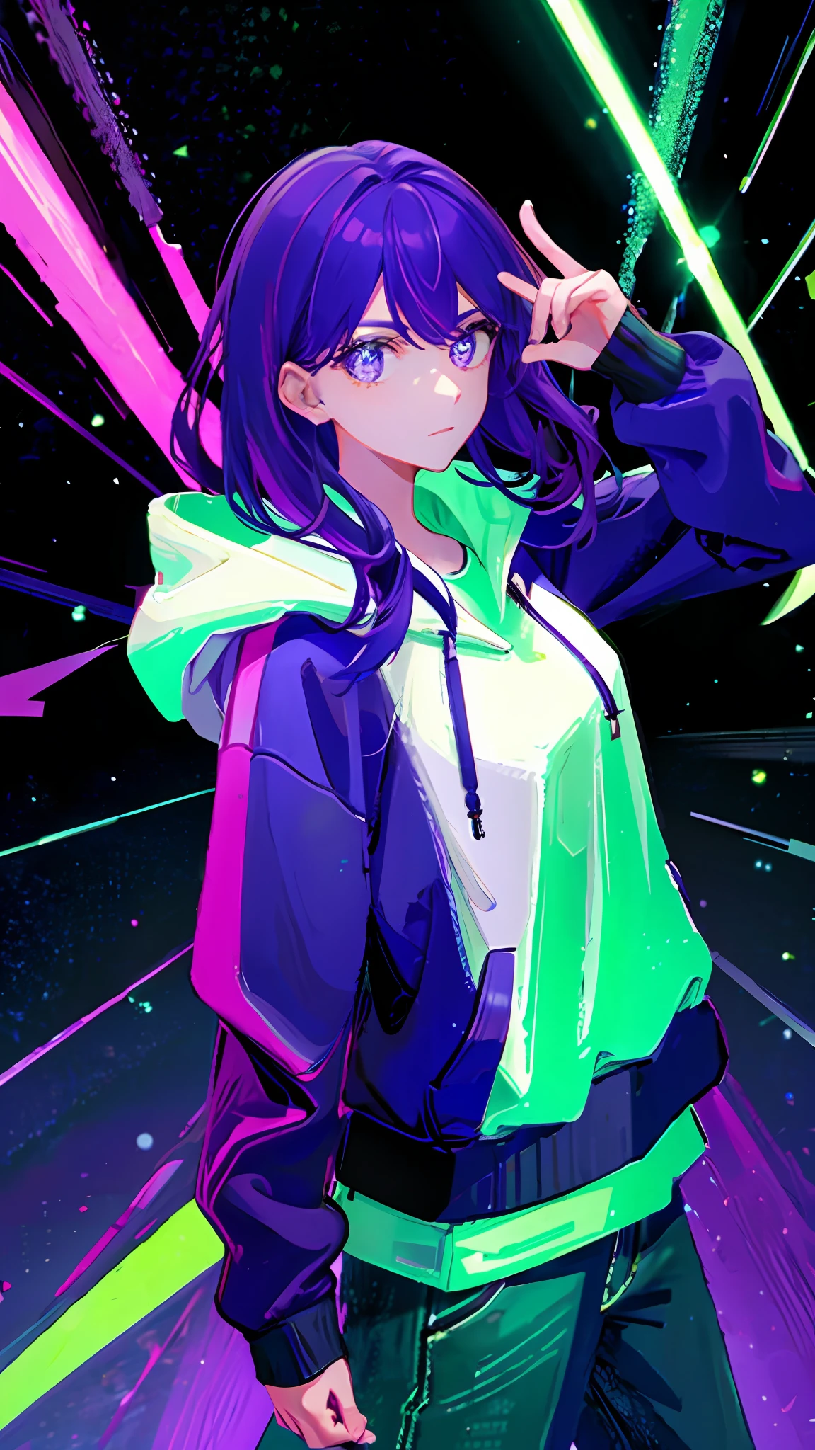 a woman in a hoodie holding a green and purple light, highres