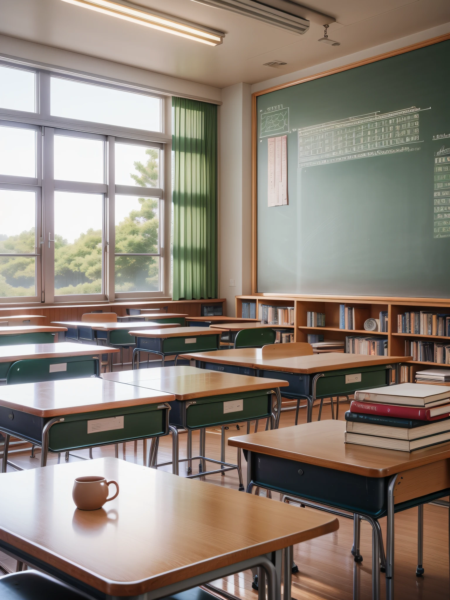 A study room, a classroom with large windows, tables, chairs and a blackboard for learning, bookshelves, a stack of notebooks on the teacher's desk, falling light in the morning, in the order of a Japanese school, books and notebooks, background