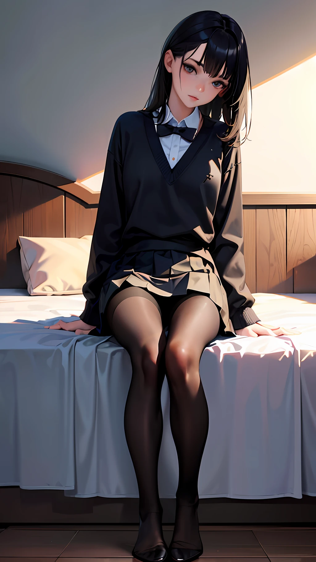 Superior Quality, Masterpiece, Ultra High Resolution, (Photorealistic: 1.4), Raw Photo, Deep Shadows, Girl sitting, cross-legged, bottom view, top, pantyhose, mini skirt, black hair, white eyes, close-up, inside room, bed