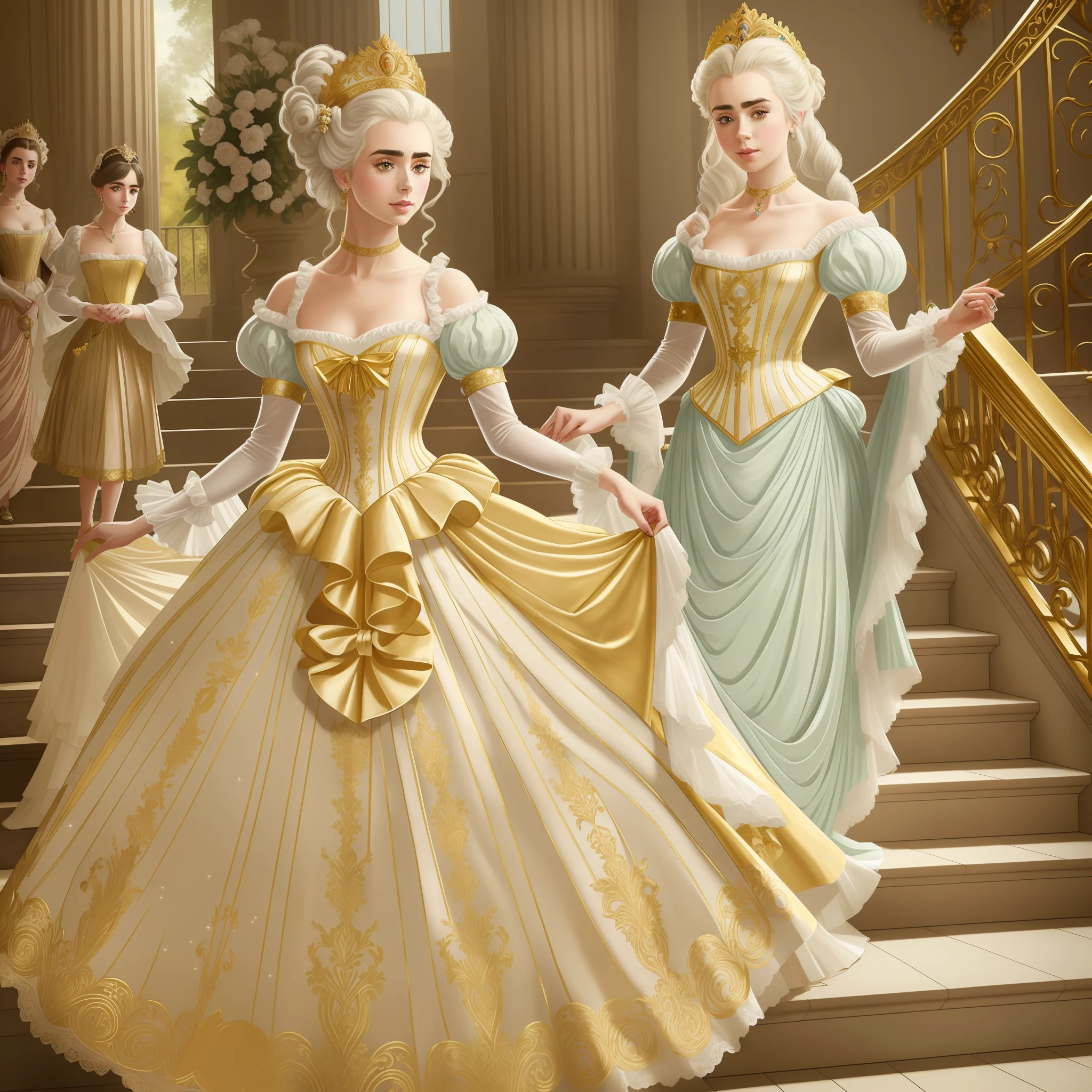 Lily Collins with white hair with Marie Antoinette hairstyle, wearing a super detailed golden long sleeve dress and gloves, diamond tiara, coming down the stairs from inside a palace in the hall where a costume ball with various ladies and knights takes place illustration is detailed, smooth and bright, art by Alphonse Mucha