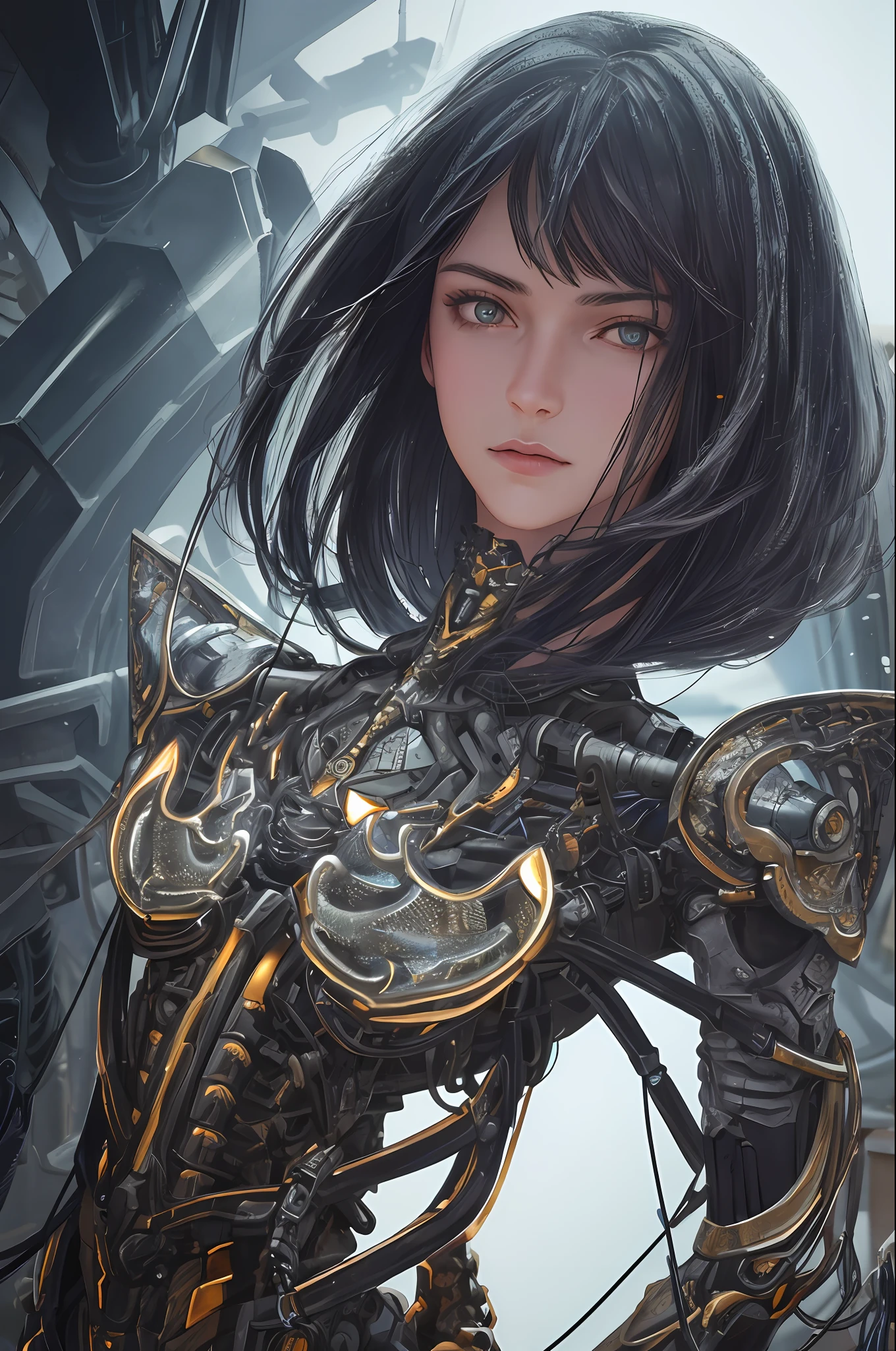1mechanical girl,((ultra realistic details)), portrait, global illumination, shadows, octane render, 8k, ultra sharp,metal,intricate, ornaments detailed, cold colors, egypician detail, highly intricate details, realistic light, trending on cgsociety, glowing eyes, facing camera, neon details, machanical limbs,blood vessels connected to tubes,mechanical vertebra attaching to back,mechanical cervial attaching to neck,sitting,wires and cables connecting to head