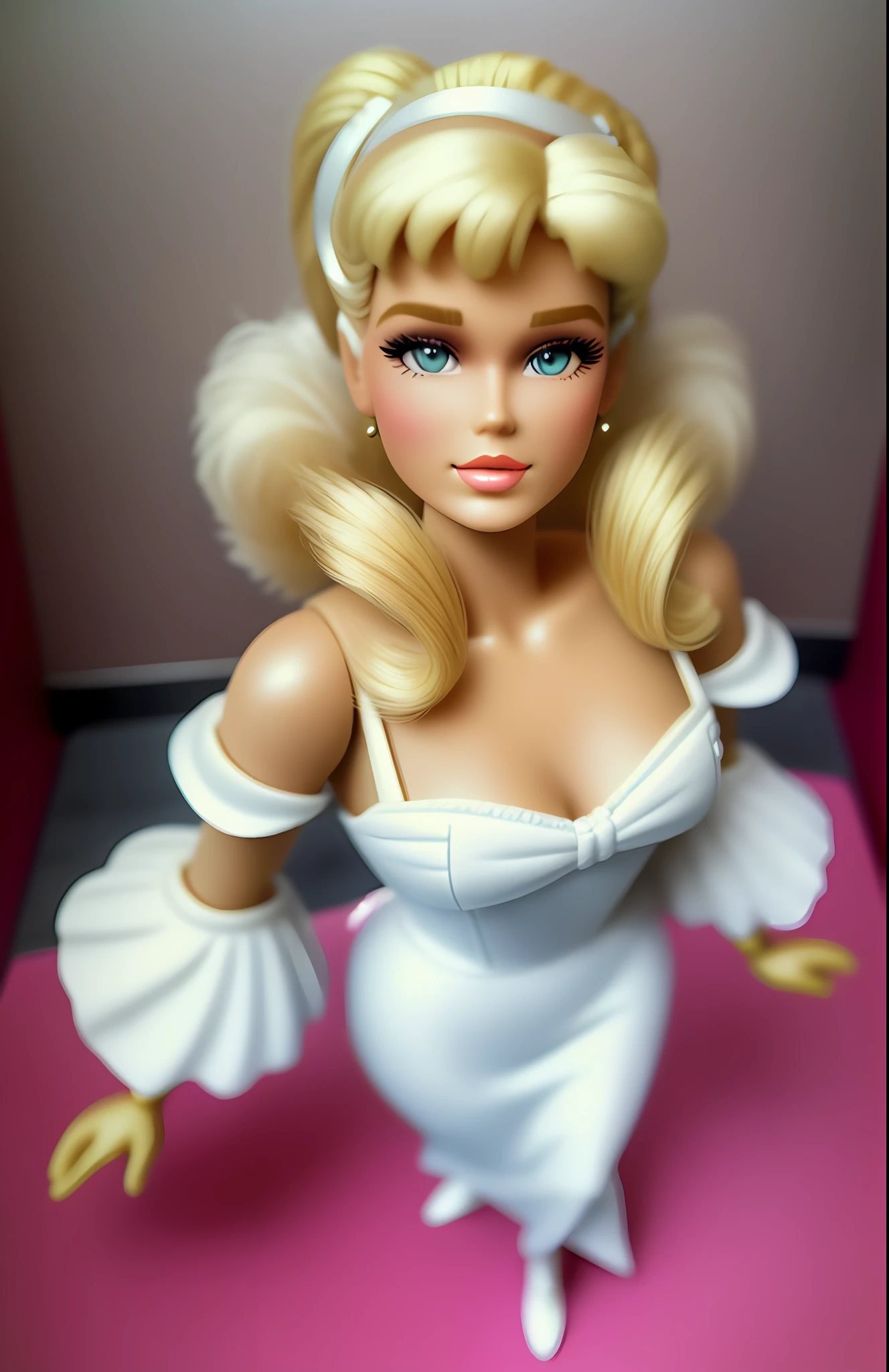 Barbie doll (((face mold 80s))) blonde hair, elegantly dressed in 80's clothing (full body)