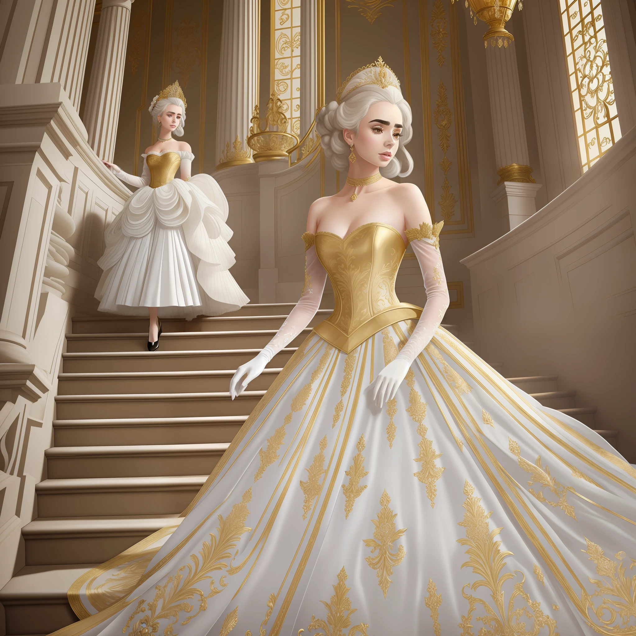 Lily Collins with white hair with Marie Antoinette hairstyle, wearing a super detailed gold long sleeve dress and gloves, diamond tiara, coming down the stairs from inside a palace in the hall where a costume ball with various ladies and knights takes place illustration is detailed, smooth and bright, art by Aykut Aydogdu