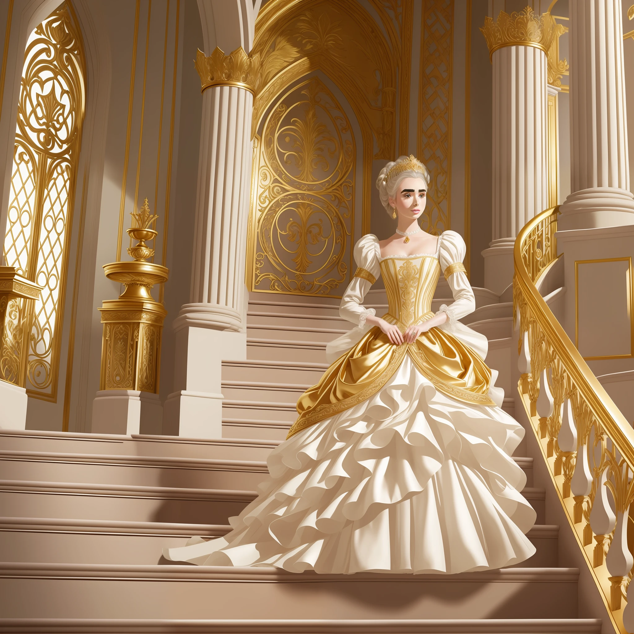 Lily Collins with white hair with Marie Antoinette hairstyle, wearing a super detailed gold long sleeve dress and gloves, diamond tiara, coming down the stairs from inside a palace in the hall where a costume ball with various ladies and knights takes place illustration is detailed, smooth and bright, art by Justin Gerard