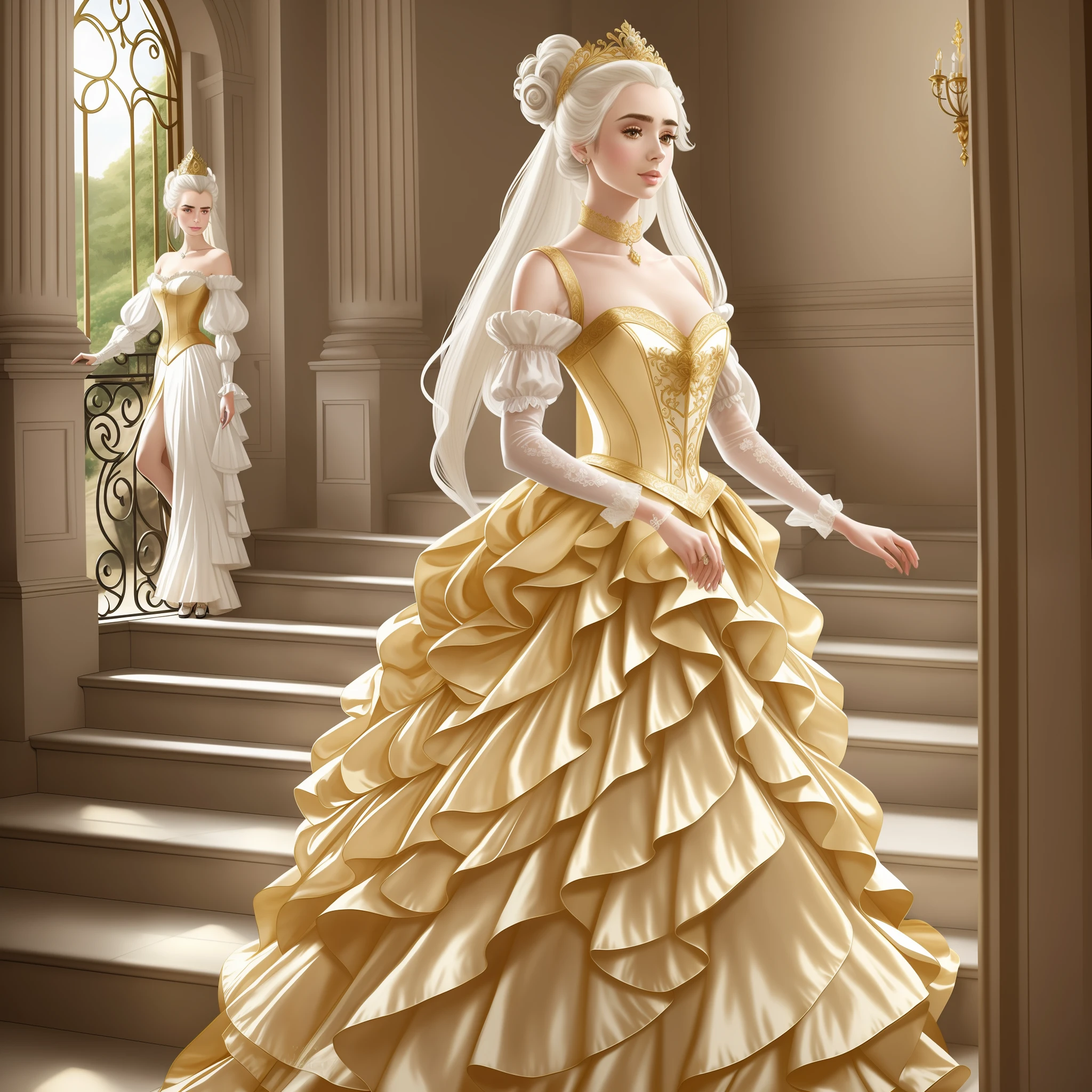 Lily Collins with white hair with Marie Antoinette hairstyle, wearing a super detailed gold long sleeve dress and gloves, diamond tiara, coming down the stairs from inside a palace in the hall where a costume ball with various ladies and knights takes place illustration is detailed, smooth and bright, art by Justin Gerard