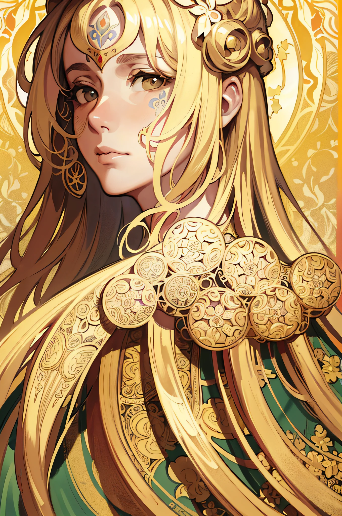 face portrait of a European female , long curly hair, blond, floral frame, Decorative panels, abstract
artistic, by Alphonse Mucha
(Masterpiece, Best Quality, Highres:1.4), Detailed, Intricate Details, 4K, color splashes, line art, fibonacci,