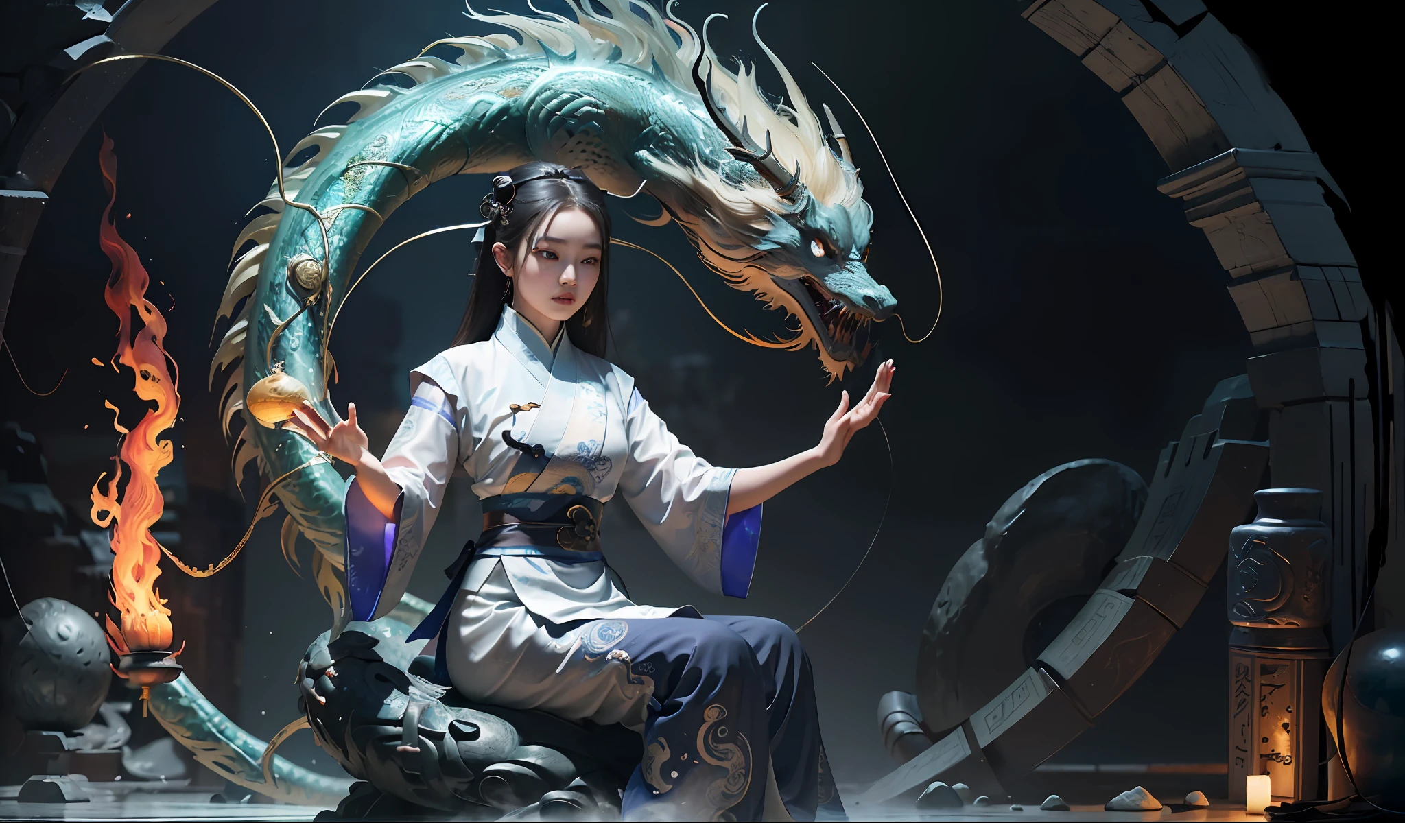 (harmony, balance, yin and yang), Chinese silk painting, Tai Chi principles, fluid movement, interrelated elements, interplay of contrasting forces, Taoist philosophy, touches of the I Ching, warm and cool tones, art of reflection, inspiration by Laozi, Zhuangzi, Yin-Yang Diagram, Tai Chi Diagram, Bagua Diagram, Unity of Spirit and Body, 1girl, ultra realistic face, highly detailed eyes, Solo, Taoism, Summoning Magic, Movie Lighting, Fire and Ice Split, Bagua Background, Circle Bagua, Yiyang, Taoist Practice, Meditation Sitting, Buddha Sitting, Spiral Dragon, Top Cloud Dragon,