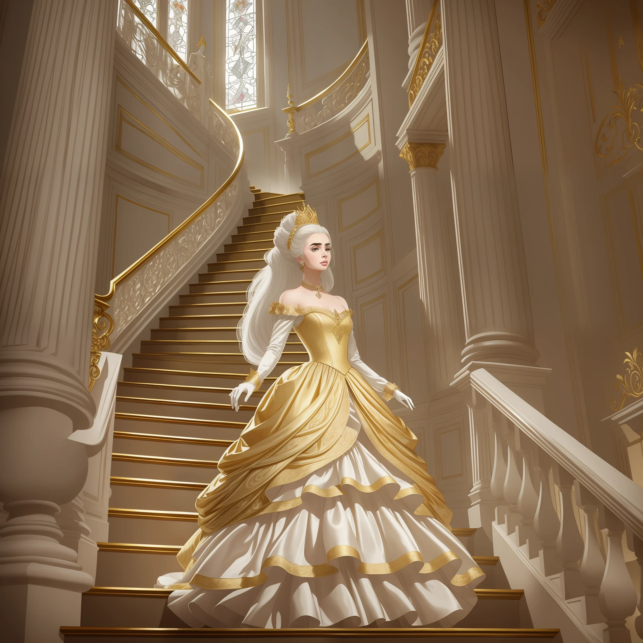 Lily Collins with white hair with Marie Antoinette hairstyle, wearing a super detailed gold long sleeve dress and gloves, diamond tiara, coming down the stairs from inside a palace in the hall where a costume ball with various ladies and knights takes place illustration is detailed, smooth and bright, art by Greg Rutkowski