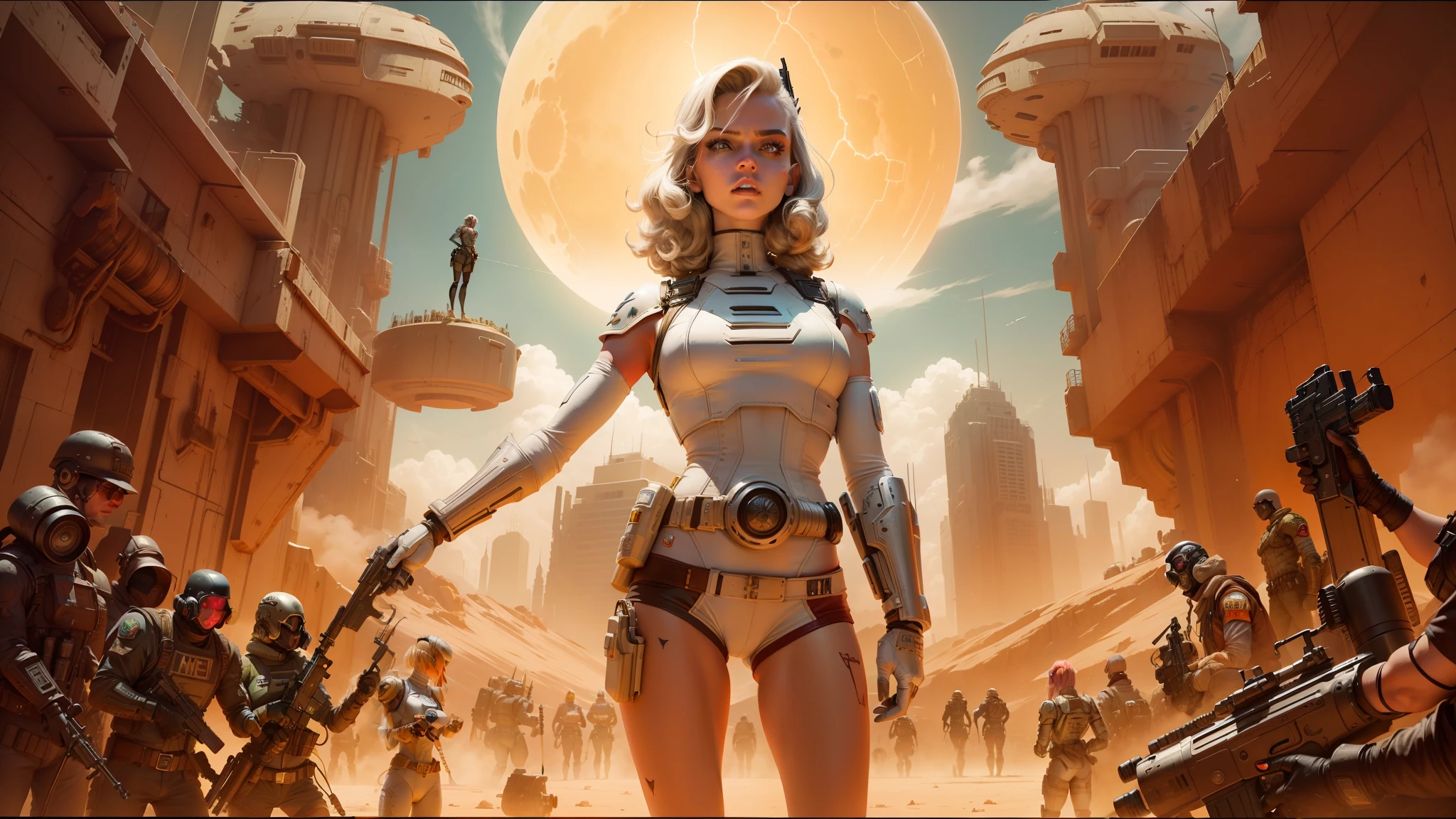 there is a woman holding a gun in front of a bunch of people, sci - fi horror art, mike judge, style = retro-futurism, masterpiece epic retrowave art, white plastic armour, inspired by F. Scott Hess, invasion time on planet earth, evil princess of the wasteland, hot pants, inevitable doom --ar 16:9 --v 5.1