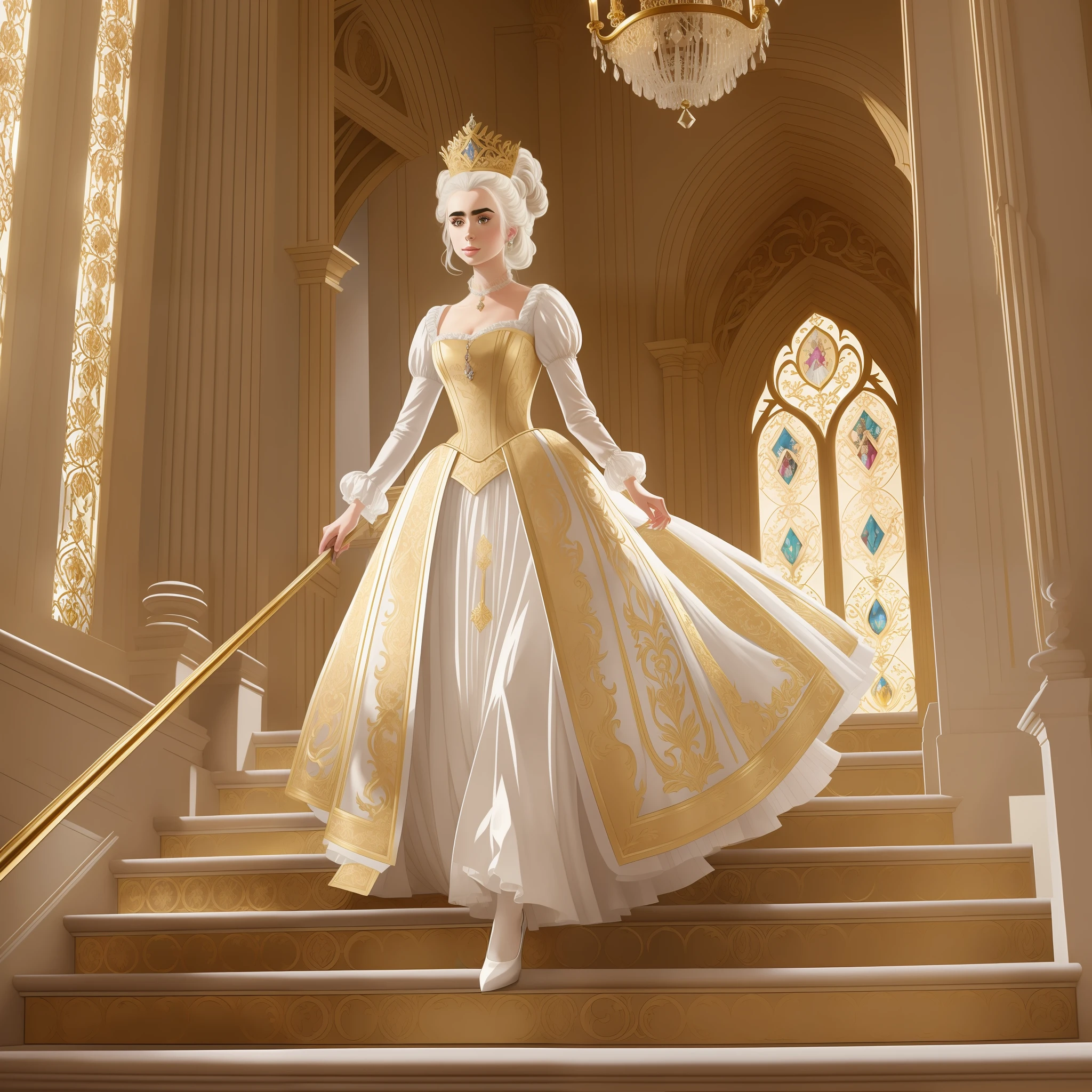 Lily Collins with white hair with Marie Antoinette hairstyle, wearing a super detailed medieval gold long sleeve dress and gloves, diamond tiara, walking down the stairs from inside a palace in the hall where a costume ball takes place with several ladies and knights illustration is detailed, soft and shiny, art by Greg Hildebrandt