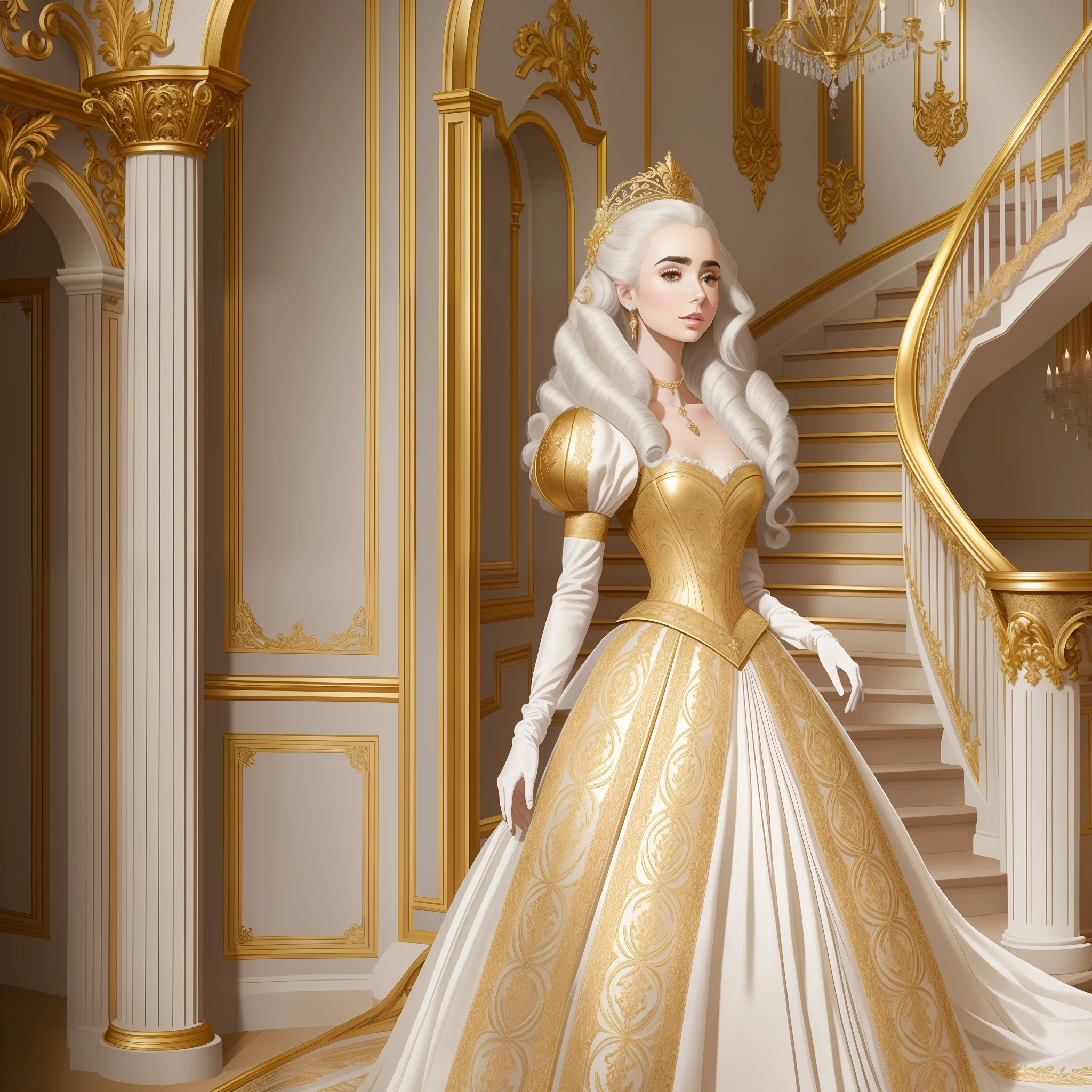 Lily Collins with white hair with Marie Antoinette hairstyle, wearing a super detailed gold long sleeve dress and gloves, diamond tiara, coming down the stairs from inside a palace in the hall where a costume ball with various ladies and knights takes place illustration is detailed, soft and bright, Samyang's art