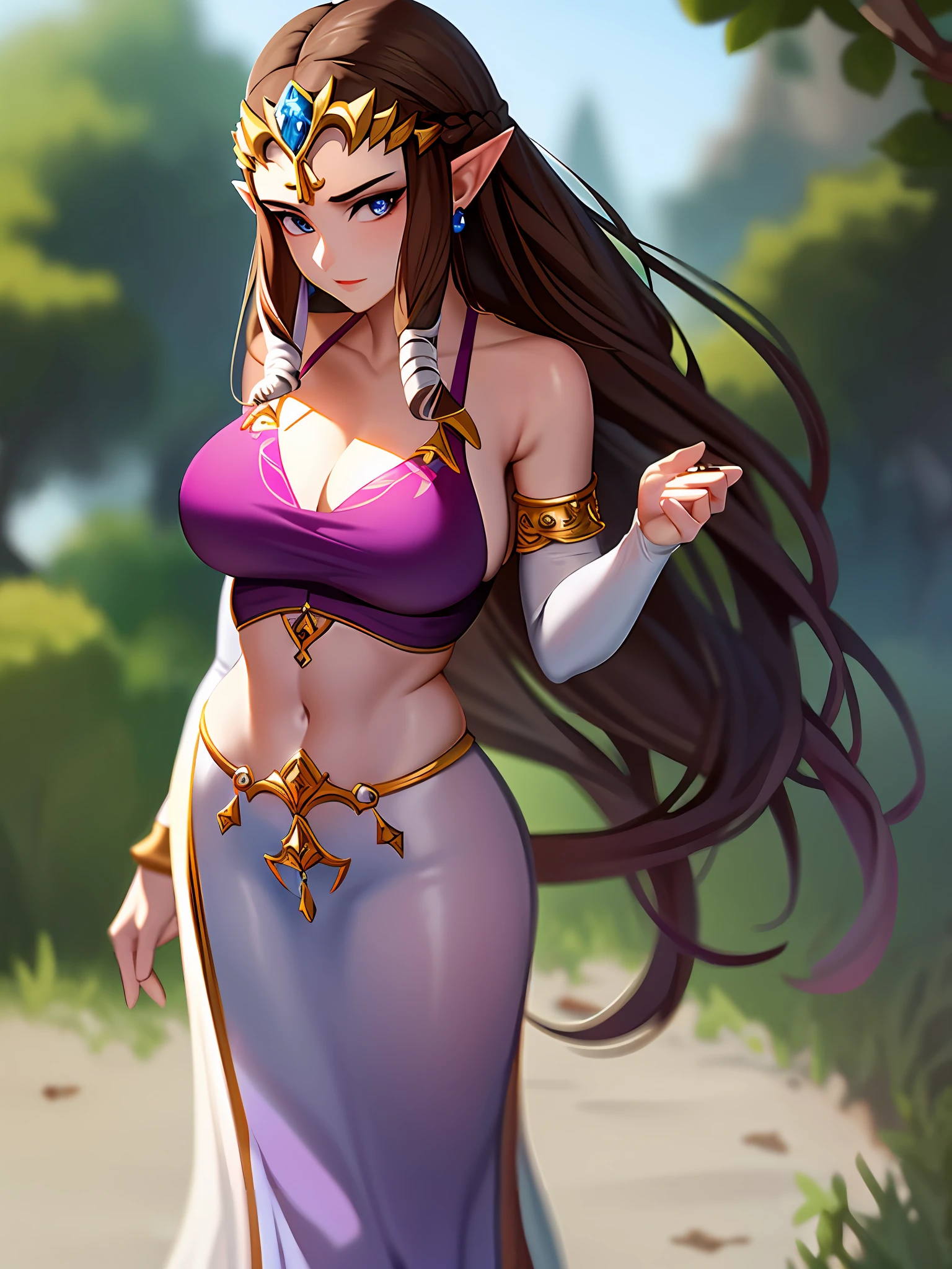 Princess Zelda, Woman, Adult, Beautiful, brown hair, large breasts, purple swimsuit top, white skirt, blue eyes, long hair, shiny skin, divine goddess, seductive pose, dynamic pose, standing