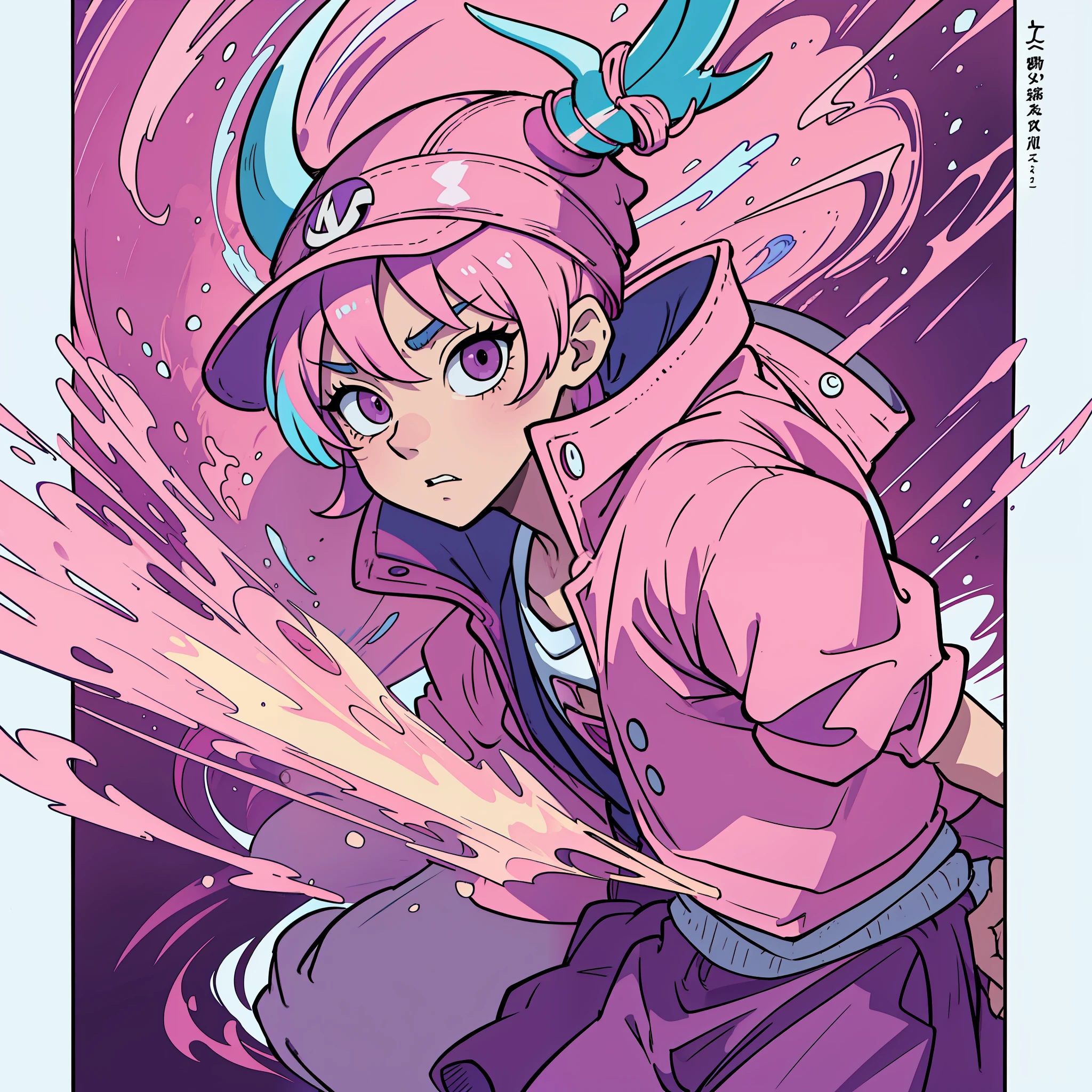 (masterpiece, superior quality, best quality) Unreal Engine 5 .1 , 1 male male boy, anime character with pink jacket, pink hat and white horns, crouched, pink iconic character, kentaro miura manga art style, high quality fanart, danganronpa digital art, lowres, demon boy, comic art, Jamie Hewlett inspired art, vibrant fan art, anato finnstark!!, official art, high quality colorful sketch