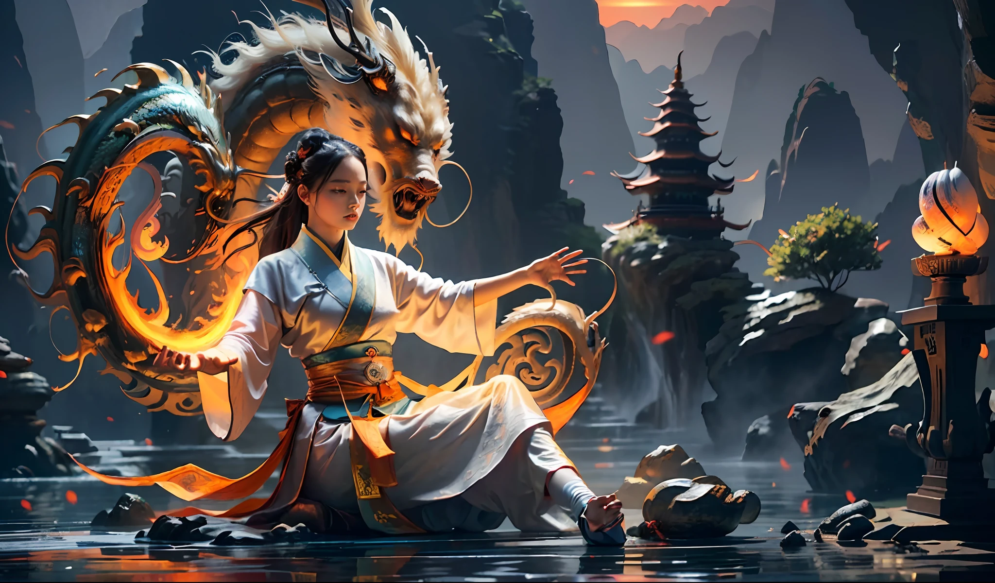 (harmony, balance, yin and yang), Chinese silk painting, Tai Chi principles, fluid movement, interrelated elements, interplay of contrasting forces, Taoist philosophy, touches of the I Ching, warm and cool tones, art of reflection, inspiration by Laozi, Zhuangzi, Yin-Yang Diagram, Tai Chi Diagram, Bagua Diagram, Unity of Spirit and Body, 1girl, ultra realistic face, highly detailed eyes, Solo, Taoism, Summoning Magic, Movie Lighting, Fire and Ice Split, Bagua Background, Circle Bagua, Yiyang, Taoist Practice, Meditation Sitting, Buddha Sitting, Spiral Dragon, Top Cloud Dragon,