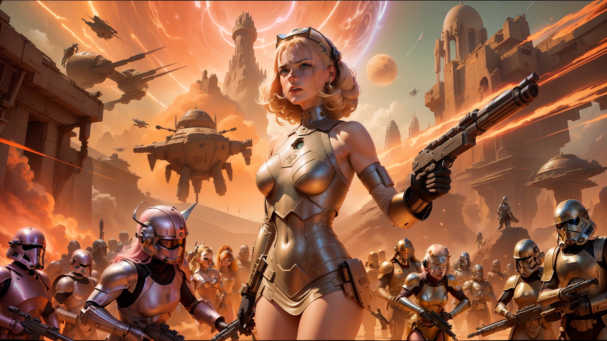 arafed image of a woman in a sci - fi outfit with a gun and other people, heavy metal artwork, shining pink armor, inspired by Alex Horley-Orlandelli, blonde girl in a cosmic dress, still from star wars, john stephens, wearing bone armor, golden age illustrator --ar 16:9 --v 5.1