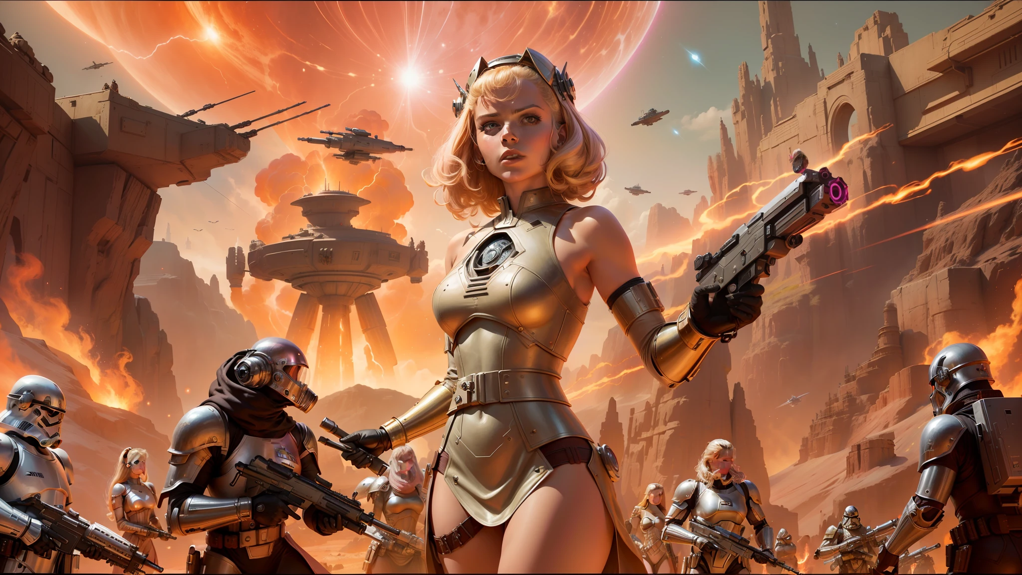arafed image of a woman in a sci - fi outfit with a gun and other people, heavy metal artwork, shining pink armor, inspired by Alex Horley-Orlandelli, blonde girl in a cosmic dress, still from star wars, john stephens, wearing bone armor, golden age illustrator --ar 16:9 --v 5.1