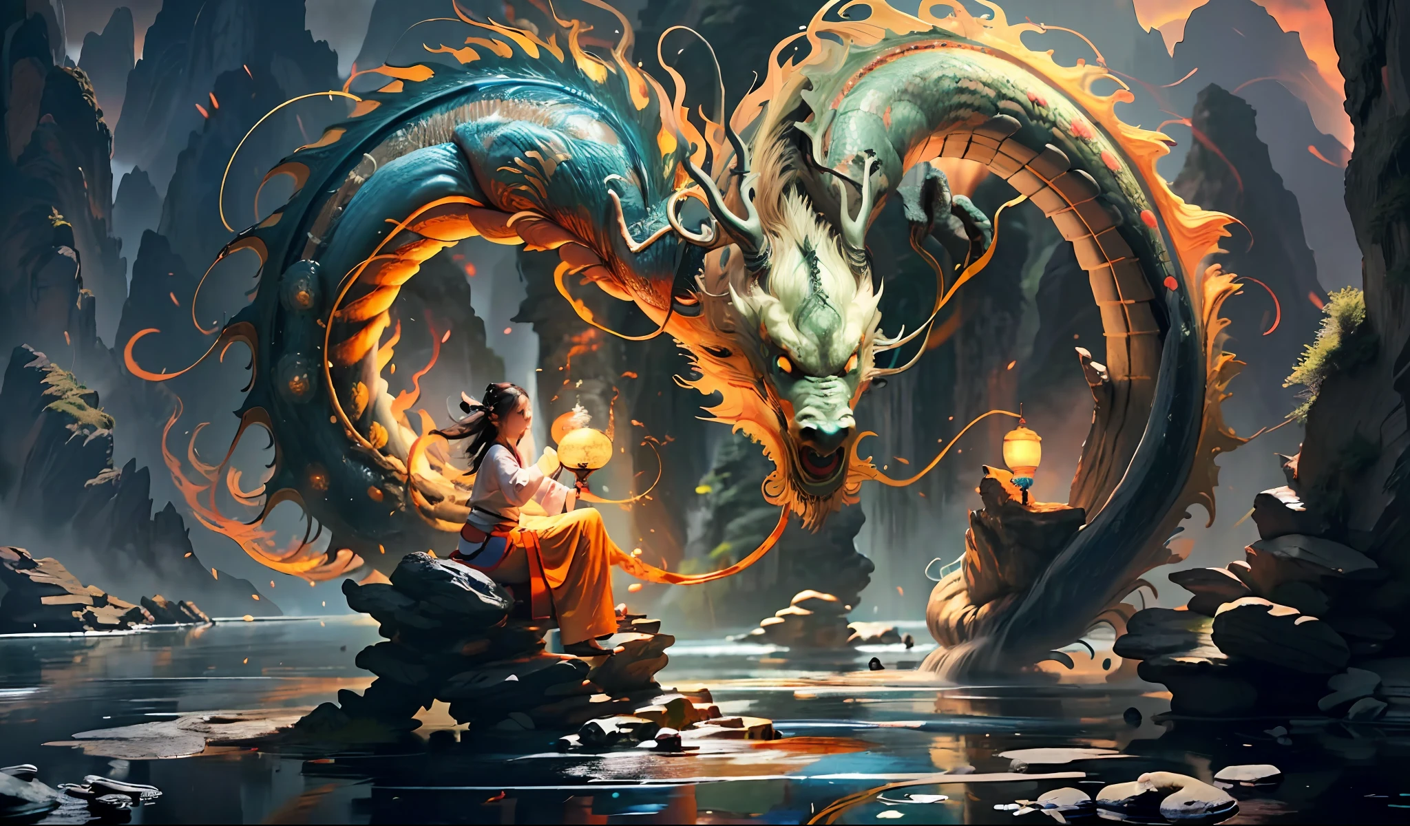 (harmony, balance, yin and yang), Chinese silk painting, Tai Chi principles, fluid movement, interrelated elements, interplay of contrasting forces, Taoist philosophy, touches of the I Ching, warm and cool tones, art of reflection, inspiration by Laozi, Zhuangzi, Yin-Yang Diagram, Tai Chi Diagram, Bagua Diagram, Unity of Spirit and Body, 1girl, ultra realistic face, highly detailed eyes, Solo, Taoism, Summoning Magic, Movie Lighting, Fire and Ice Split, Bagua Background, Circle Bagua, Yiyang, Taoist Practice, Meditation Sitting, Buddha Sitting, Spiral Dragon, Top Cloud Dragon,