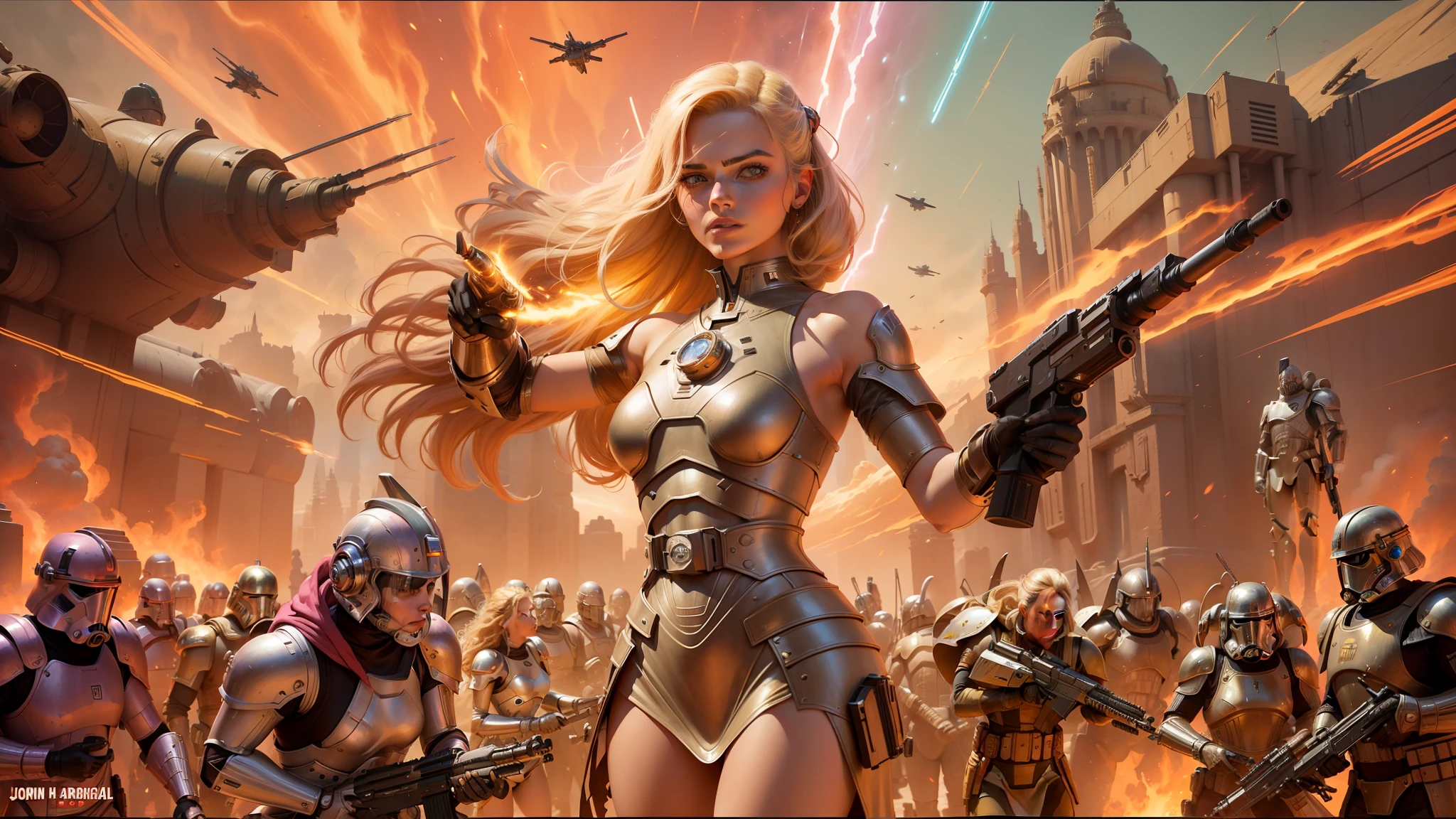arafed image of a woman in a sci - fi outfit with a gun and other people, heavy metal artwork, shining pink armor, inspired by Alex Horley-Orlandelli, blonde girl in a cosmic dress, still from star wars, john stephens, wearing bone armor, golden age illustrator --ar 16:9 --v 5.1