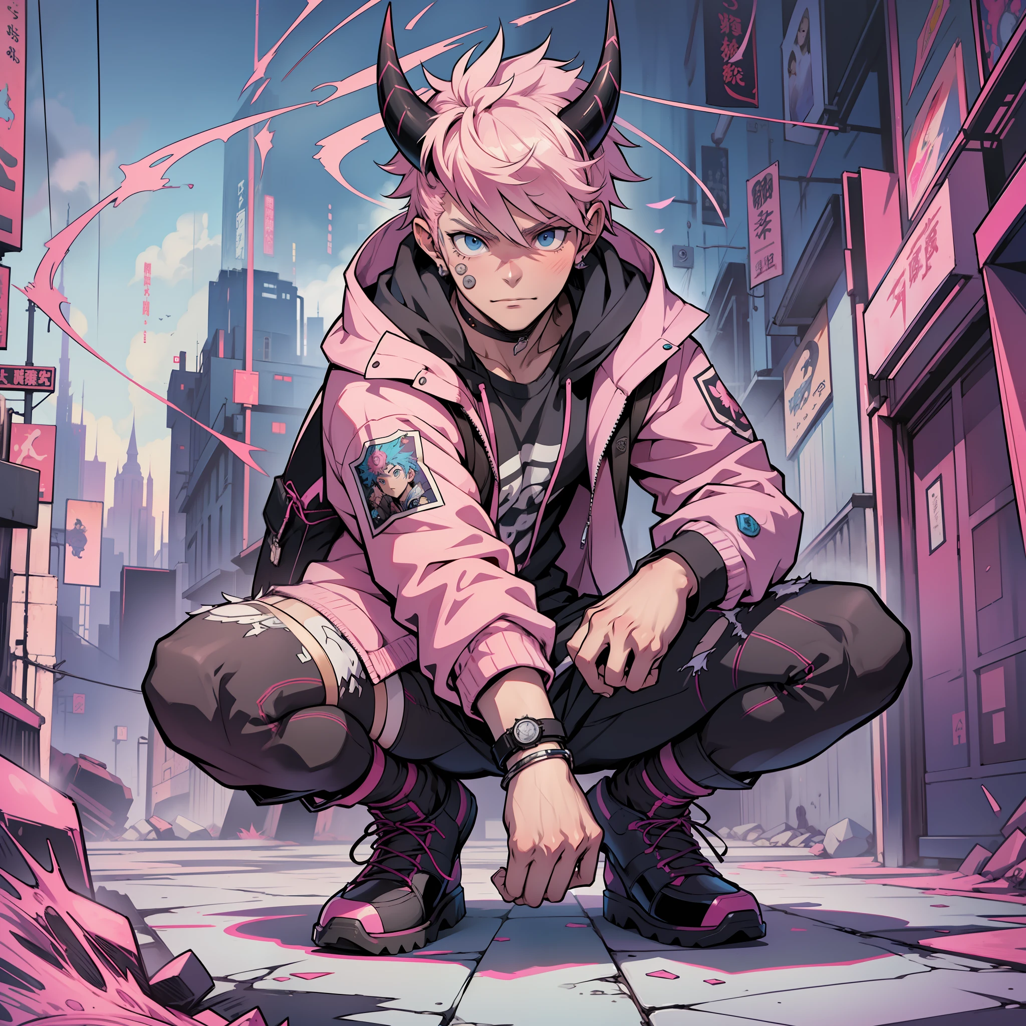 (masterpiece, superior quality, best quality) Unreal Engine 5 .1, male male boy, anime character with pink jacket, pink hat and white horns, crouched, pink iconic character, kentaro miura manga art style, high quality fanart, danganronpa digital art, lowres, demon boy, comic art, Jamie Hewlett inspired art, vibrant fan art, anato finnstark!!, official art, high quality colorful sketch