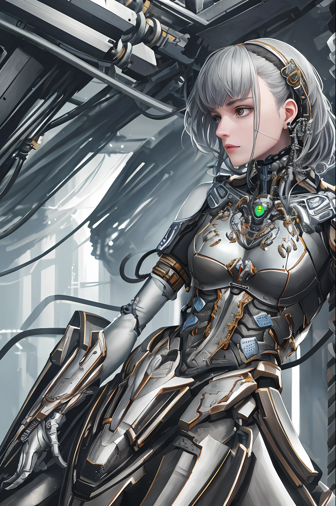 1mechanical girl,((ultra realistic details)), portrait, global illumination, shadows, octane render, 8k, ultra sharp,metal,intricate, ornaments detailed, cold colors, egypician detail, highly intricate details, realistic light, trending on cgsociety, glowing eyes, facing camera, neon details, machanical limbs,blood vessels connected to tubes,mechanical vertebra attaching to back,mechanical cervial attaching to neck,sitting,wires and cables connecting to head