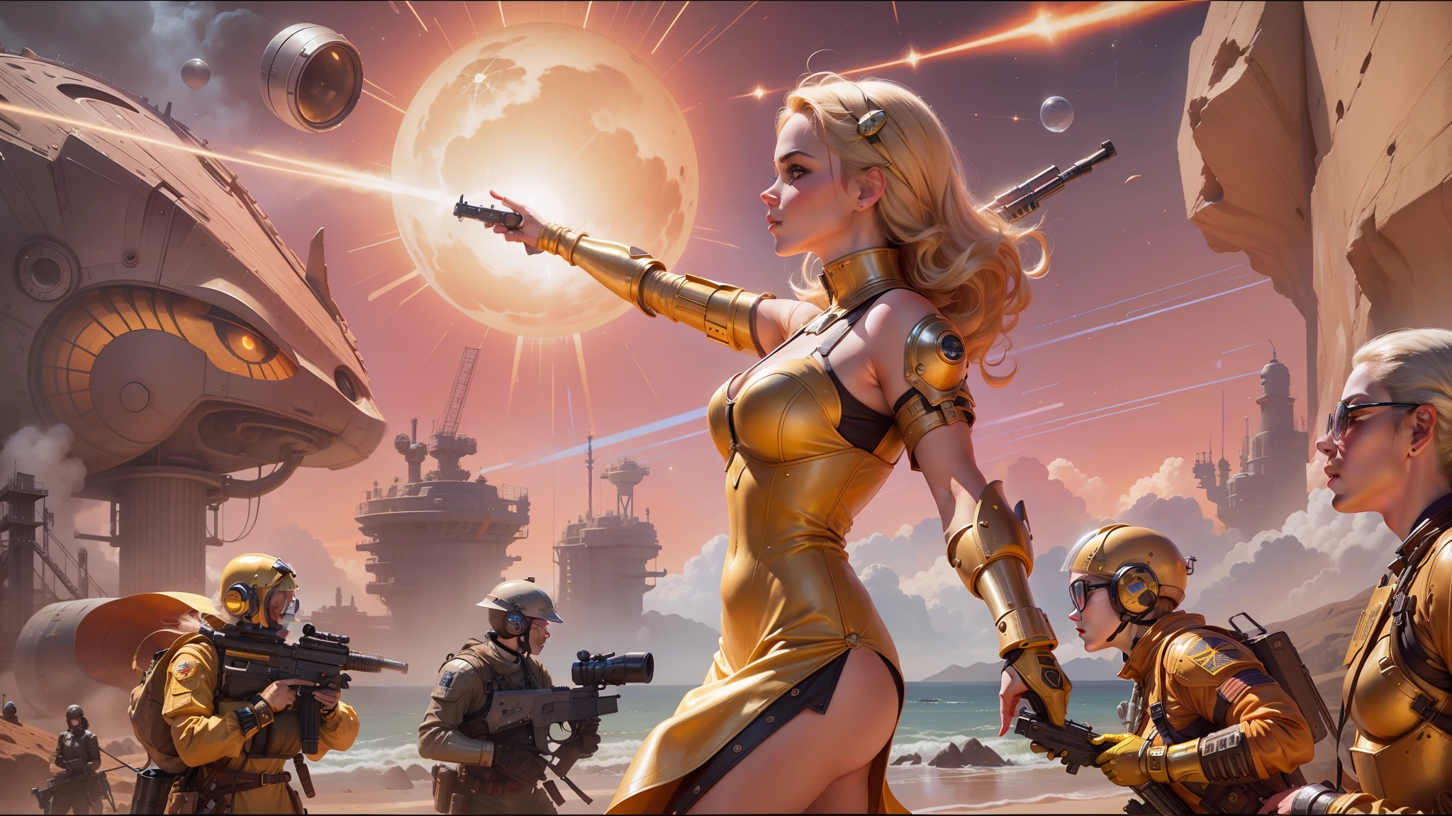 a close up of a woman in a yellow dress holding a gun, retrofuturistic science fantasy, [ bubbles, her head raised in rapture, a sexy blonde warrior, website banner, inspired by Earle Bergey, attacked submarine in background, irradiated humans, brown armor, pin - up girl, youtube thumbnail, wearing diamond armor, widescreen --ar 16:9 --v 5.1