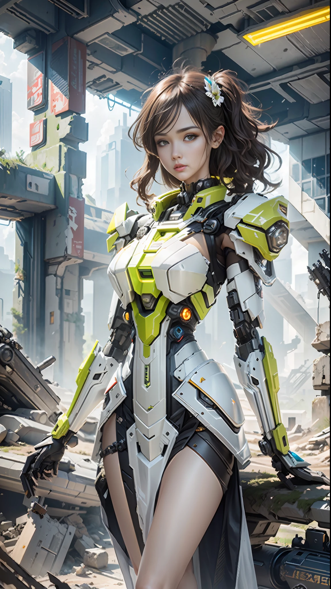 ((Best quality)), ((masterpiece)), (highly detailed:1.3), 3D,Shitu-mecha, beautiful cyberpunk women with her mecha in the ruins of city from a forgoten war, ancient technology,HDR (High Dynamic Range),Ray Tracing,NVIDIA RTX,Super-Resolution,Unreal 5,Subsurface scattering,PBR Texturing,Post-processing,Anisotropic Filtering,Depth-of-field,Maximum clarity and sharpness,Multi-layered textures,Albedo and Specular maps,Surface shading,Accurate simulation of light-material interaction,Perfect proportions,Octane Render,Two-tone lighting,Low ISO,White balance,Rule of thirds,Wide aperature,8K RAW,Efficient Sub-Pixel,sub-pixel convolution,luminescent particles,light scattering,Tyndall effect