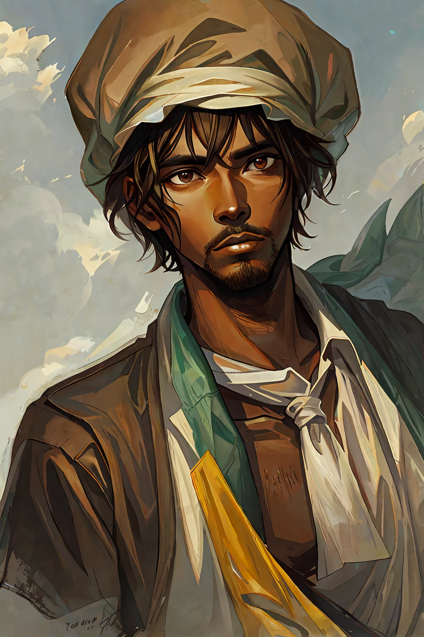 Black man with big brown eyes. Using prisoner's rags