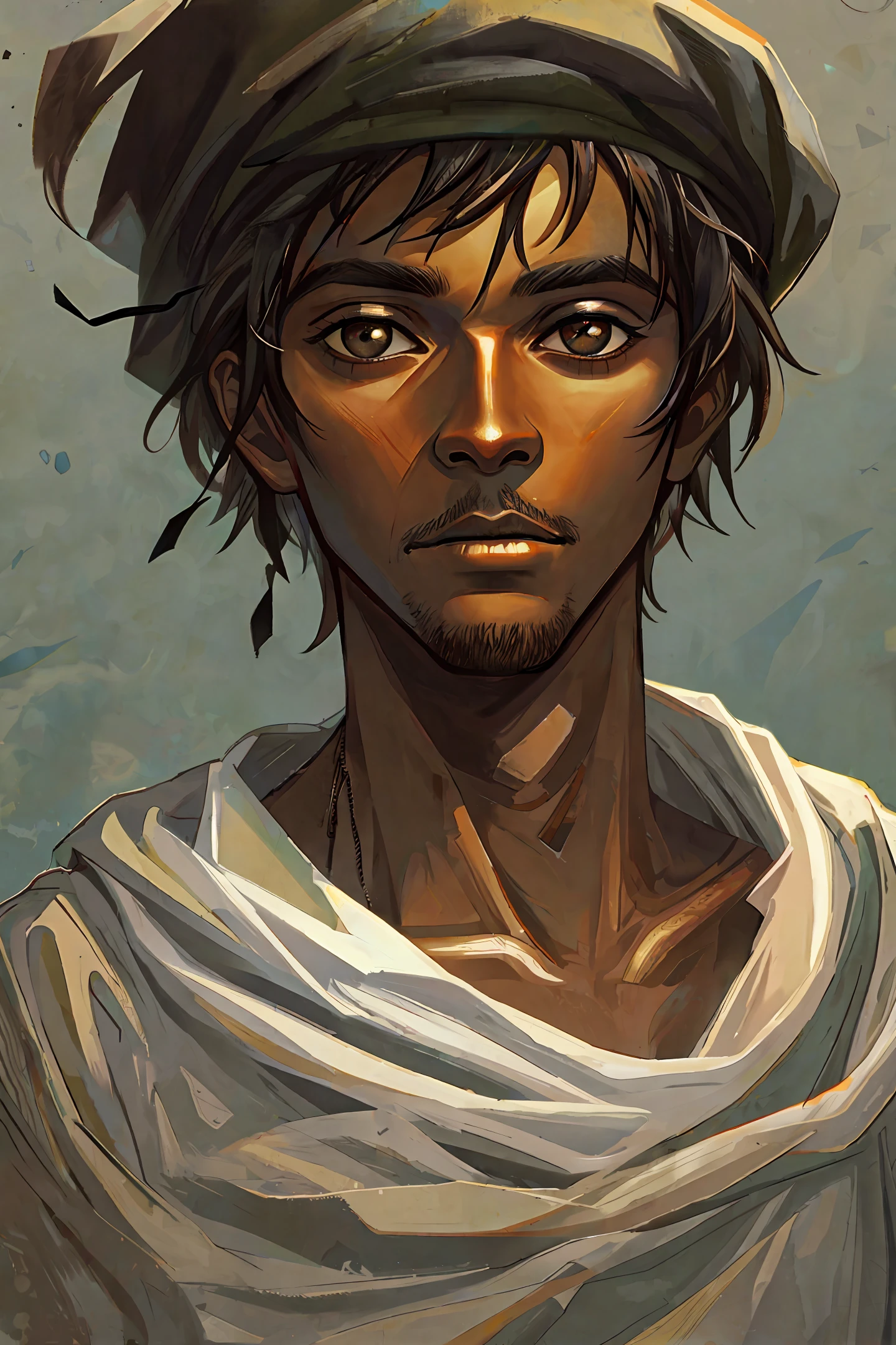 Black man with big brown eyes. Using prisoner's rags