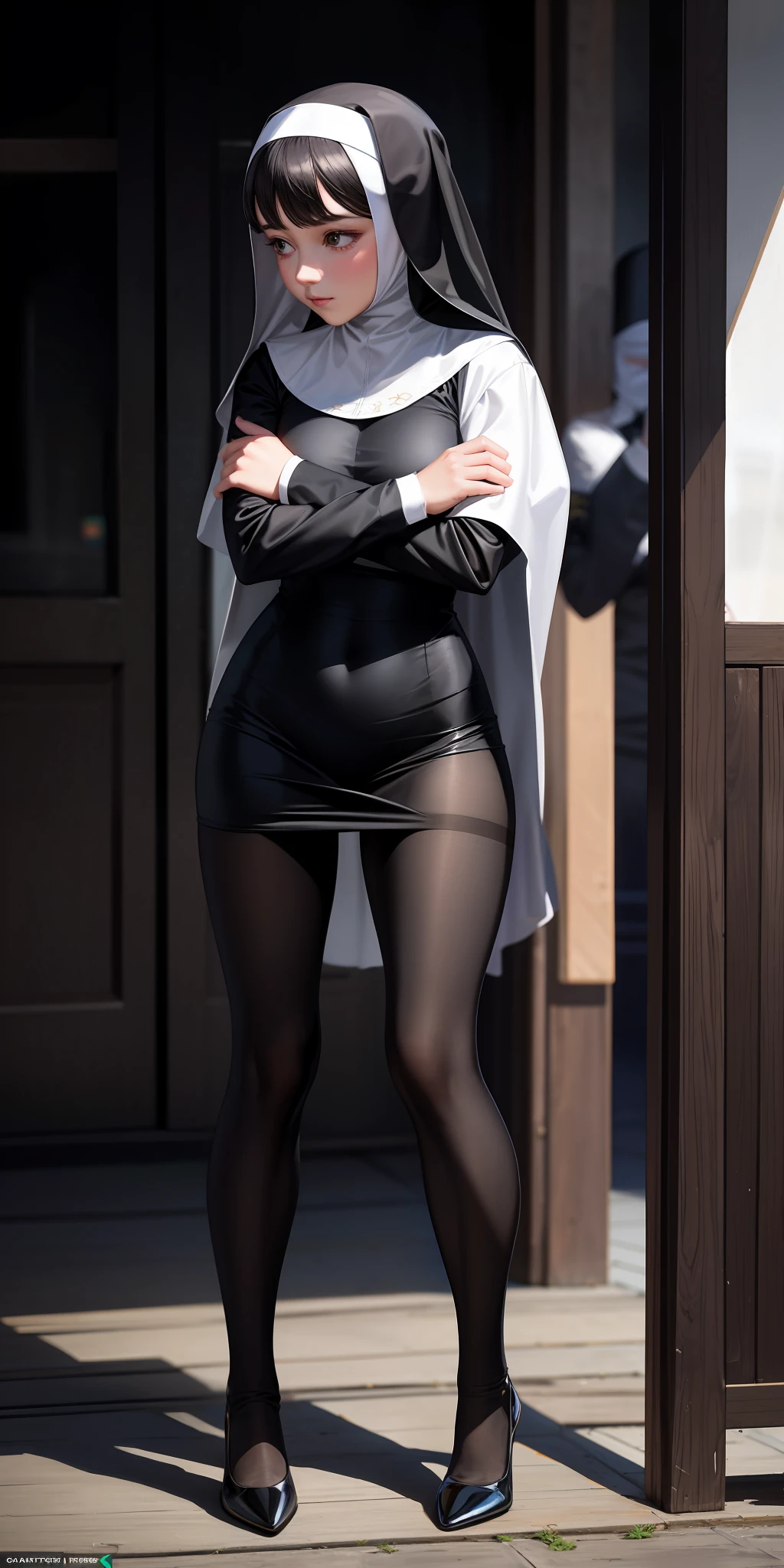 realistic, 1girl, nun, praying, gorgeous body, pantyhose, dynamic angle, 8K FHD