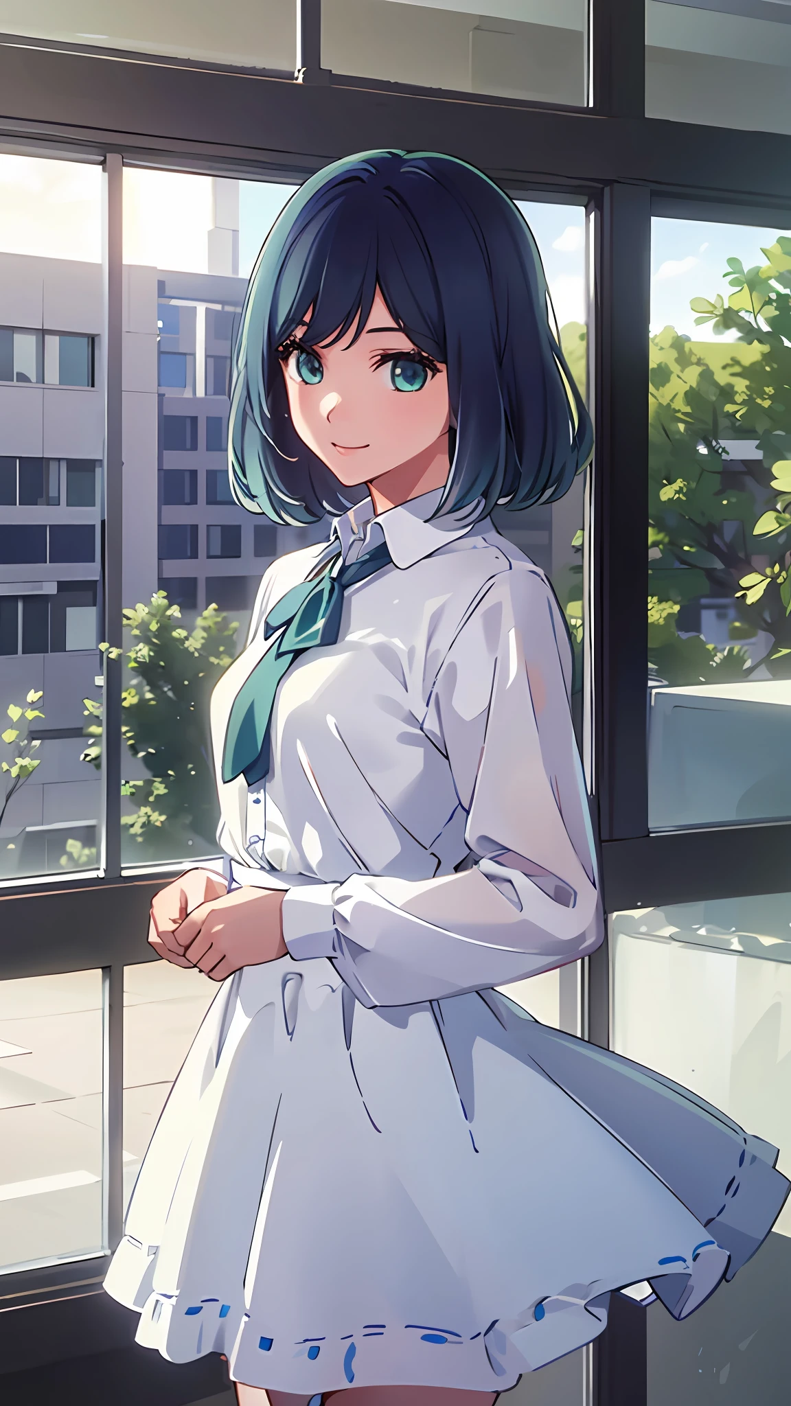 masterpiece,best quality,official art,extremely detailed CG unity 8k wallpaper,1girl, like student,pretty,an extremely delicate and beautiful,ultra high res, (photorealistic:1.4), ,golden hour lighting,,(upper body), (platinum short hair:0.8), ((puffy eyes)), looking at viewer, facing front, smiling, laughing,jk skirt, white dress,shirtlift, long blue hair