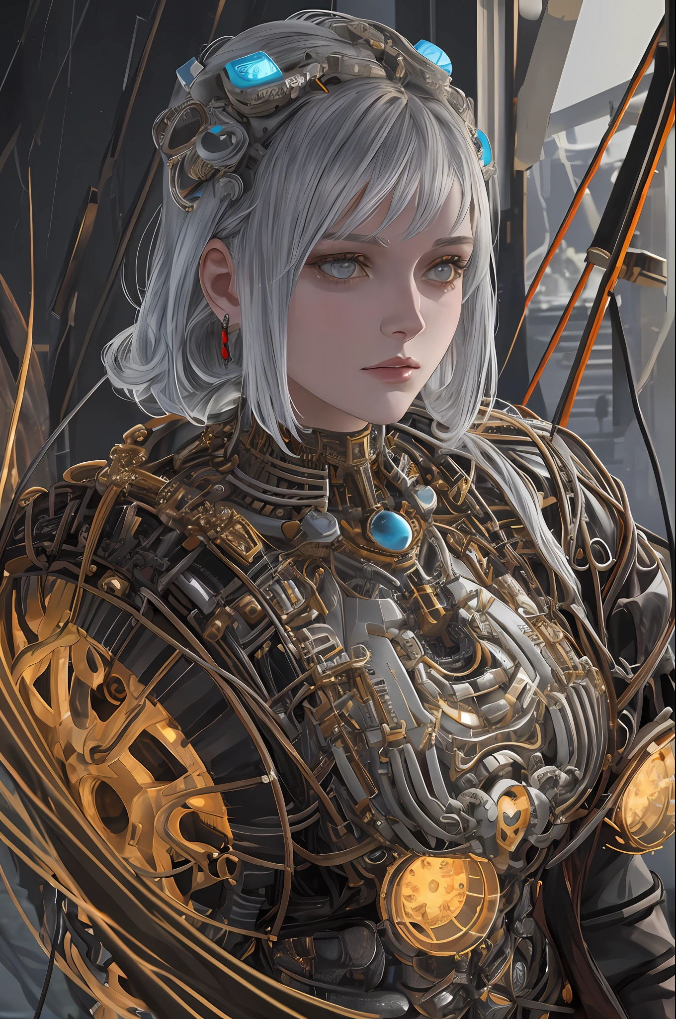 1mechanical girl,((ultra realistic details)), portrait, global illumination, shadows, octane render, 8k, ultra sharp,metal,intricate, ornaments detailed, cold colors, egypician detail, highly intricate details, realistic light, trending on cgsociety, glowing eyes, facing camera, neon details, machanical limbs,blood vessels connected to tubes,mechanical vertebra attaching to back,mechanical cervial attaching to neck,sitting,wires and cables connecting to head