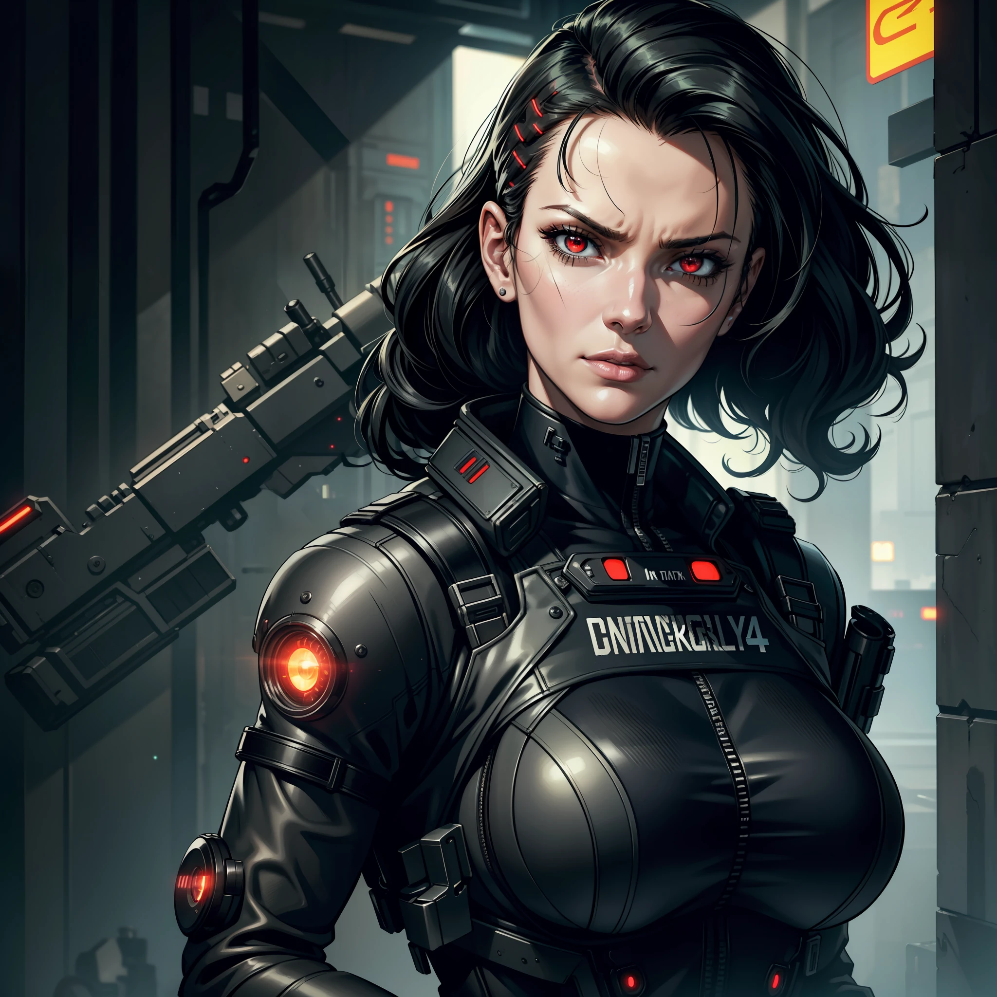 "(metallic military tactical uniform black cyberpunk:1) (1woman) dark theme :: focus on closeup face, inquisitive face, face Catherine Zeta-Jones, ultra realistic futuristic cyberpunk athletic woman, :: medium black hair :: cool cybernetic punk military vest, neon red eyes :: minblast power effects :: natural lighting :: bokeh :: 8k :: best quality :: masterpiece :: insanely detailed:1.5"
