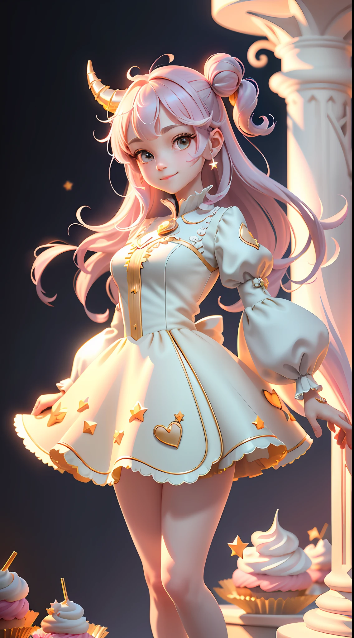 (extremely detailed CG unity 8k wallpaper,masterpiece, best quality, ultra-detailed),(best illumination, best shadow, an extremely delicate and beautiful), floating, high saturation, ((1girl)), cute, ((Fullbody, standing, base, standing on pedestal)),1girl, unicorn, horn in forehead,strobing light, clouds, sun, falling star 💫,delicate and cute face, dainty, sweet smile,heart accessories, Star accessories,4k, best quality,masterpiece,candy,cupcakes.