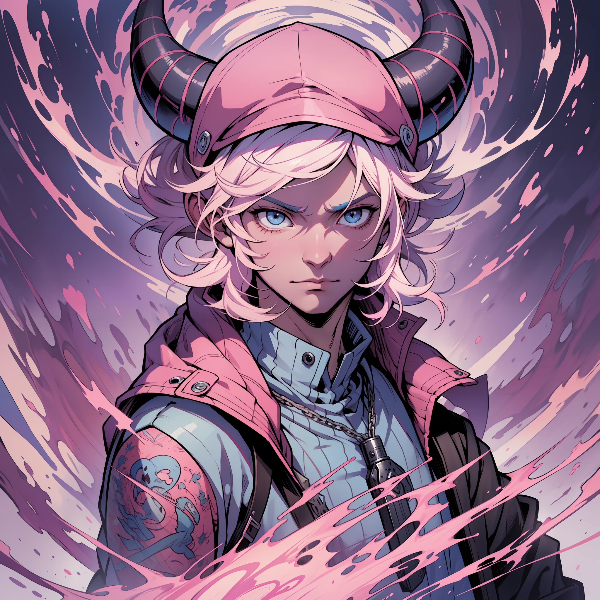 (masterpiece, superior quality, best quality) Unreal Engine 5 .1, male male boy, anime character with pink jacket, pink hat and white horns, crouched, pink iconic character, kentaro miura manga art style, high quality fanart, danganronpa digital art, lowres, demon boy, comic art, Jamie Hewlett inspired art, vibrant fan art, anato finnstark!!, official art, high quality colorful sketch