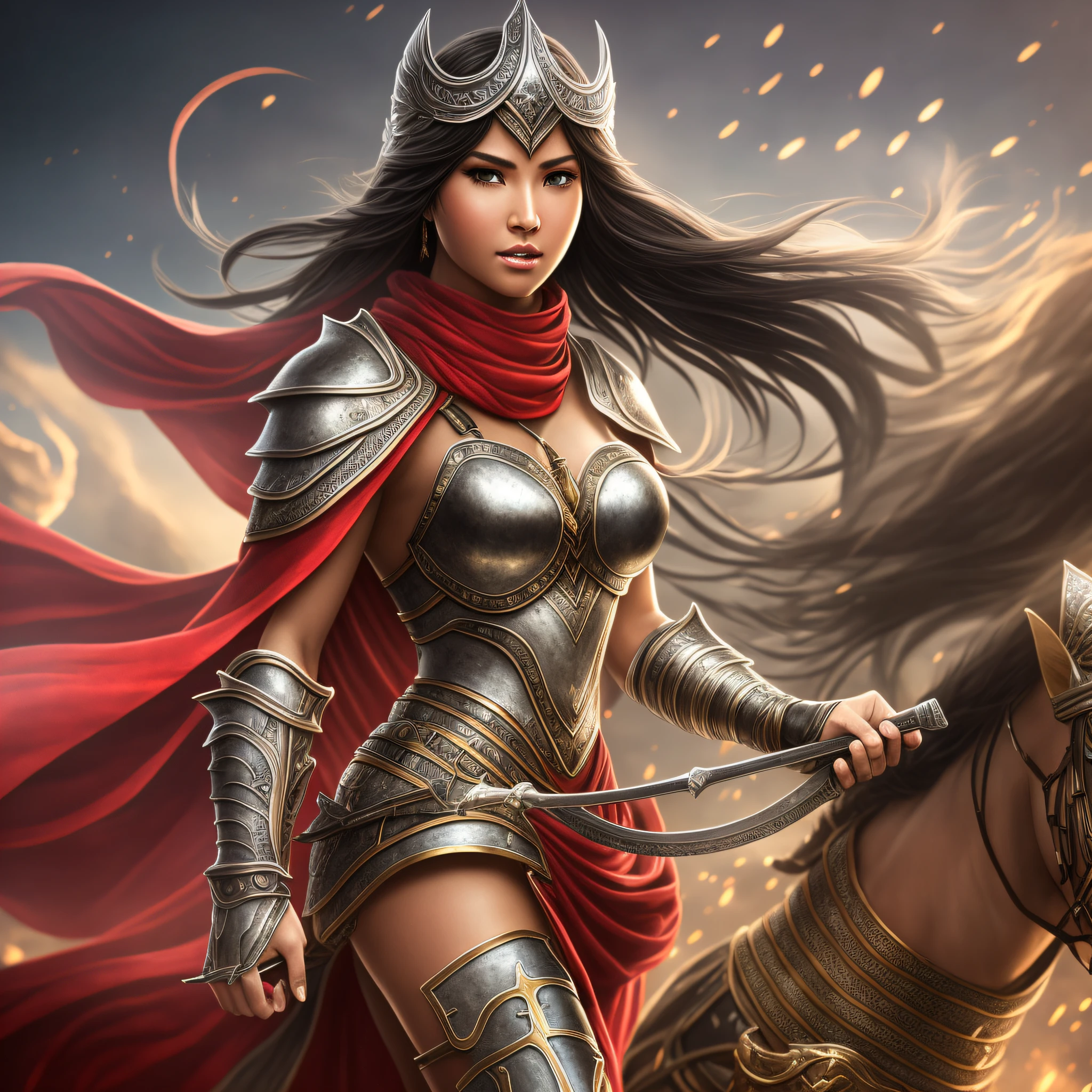 Photo RAW, a full-body portrait of a sexy Beautiful Warrior Dressed in her shiny bronze light armor. Torax with medium breasts . Abdomen exposed and thin. Flowing black hair riding in the hot desert on a vigorous black horse. A red scarf protected his nose and mouth. A long red cloak fluttered and blended with her hair. He held in his right hand a silver sword as a fist in the form of a flute. (highly detailed skin: 1.2), 8k uhd, dslr, soft lighting, high quality, film grain, Fujifilm XT3 --auto --s2