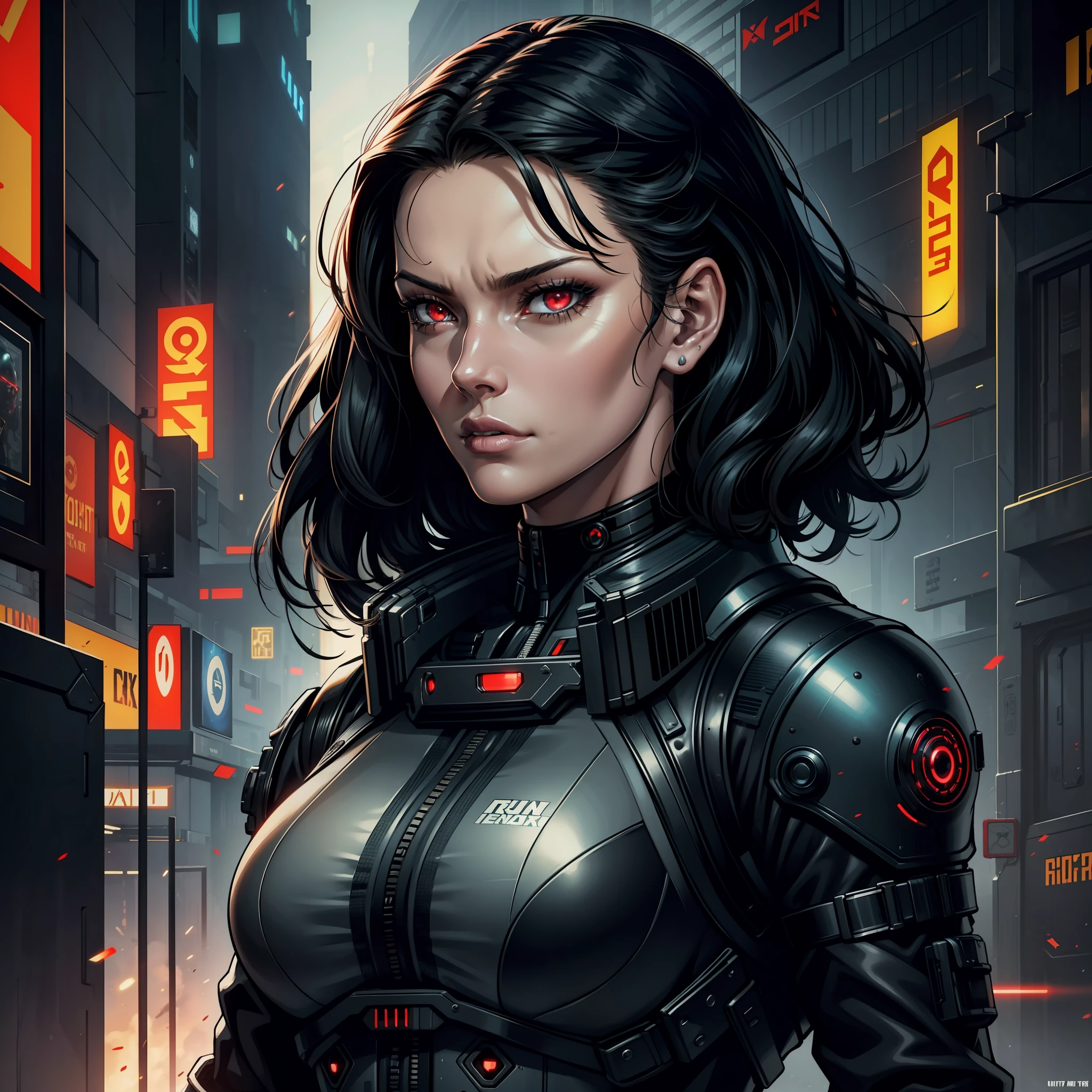 "(metallic military tactical uniform black cyberpunk:1) (1woman) dark theme :: focus on closeup face, inquisitive face, face Catherine Zeta-Jones, ultra realistic futuristic cyberpunk athletic woman, :: medium black hair :: cool cybernetic punk military vest, neon red eyes :: minblast power effects :: natural lighting :: bokeh :: 8k :: best quality :: masterpiece :: insanely detailed:1.5"