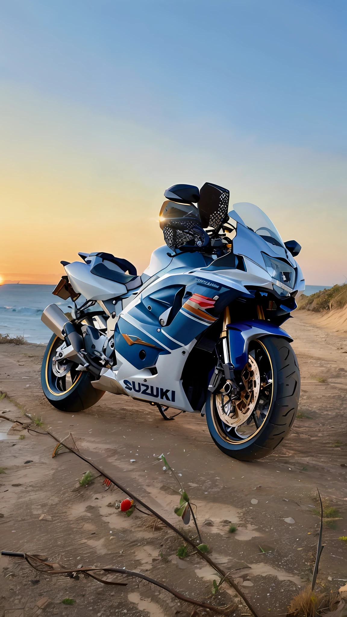 there is a motorcycle parked on a dirt road near the ocean, in the sunset, at the sunset, profile shot, sundown, motorcycle, portrait shot 8 k, dusk setting, futuristic suzuki, shot at golden hour, wide portrait, front facing shot, motorcycles, edited, at sunrise, with sunset, at golden hour, front perspective, post processed, 2 0 0 0