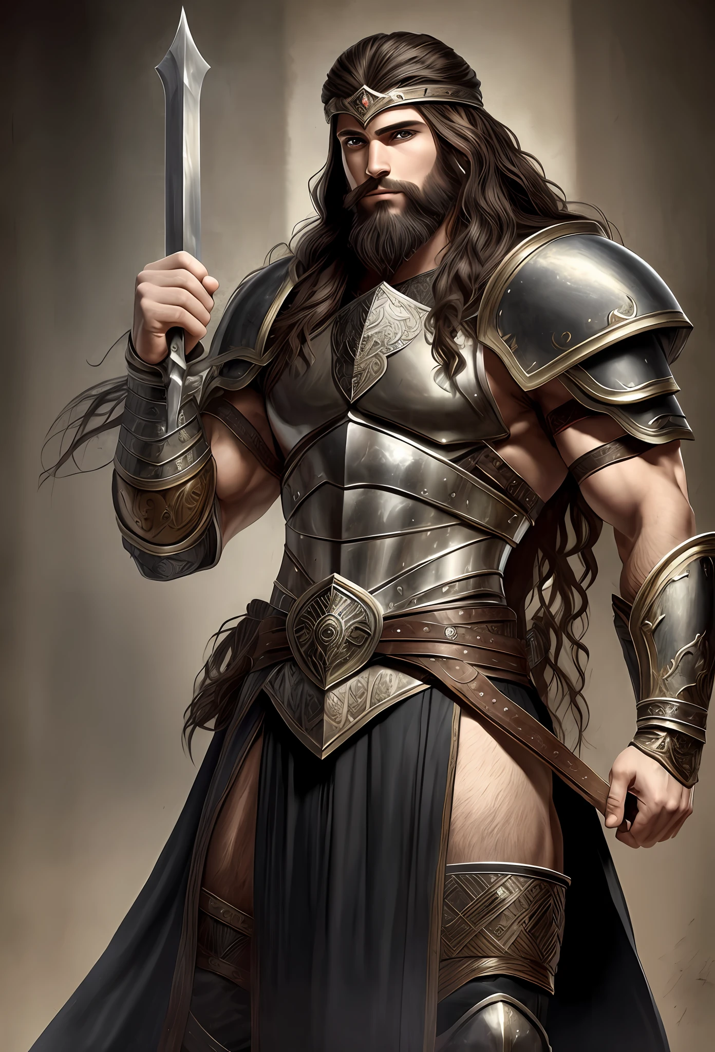 Human middle age, male warrior, 25 years old, handsome male, toned muscles, beard, long hair, beaten chorus armor, dagger in right hand, full body portrait, fantasy setting, castle background, Renaissance style, black hair, suggestive smile --auto --s2