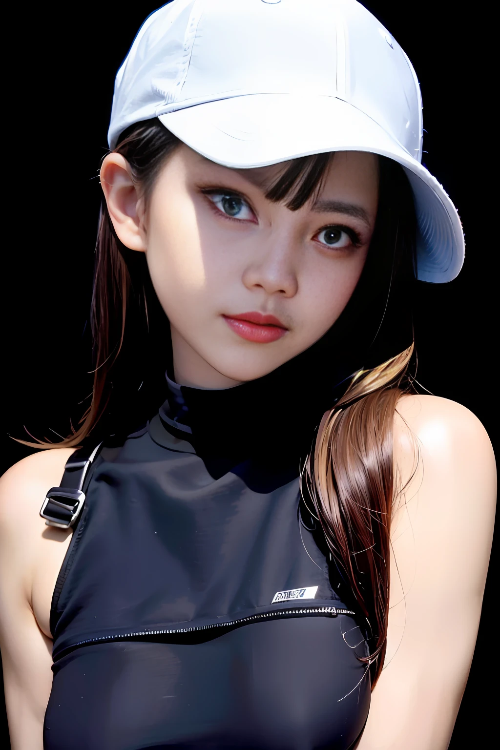((masterpiece)), (photorealistic:1.3) masterpiece, best quality, high quality, absurdres, shiny skin, colorful, stunning art, best quality, hyper detailed, beautiful detailed, reflective hair, good lighting, ray tracing, depth of field, ultra-detailed, illustration, Amazing, fine detail, extremely detailed, ((ultra-detailed)), (beautiful detailed girl), beautiful detailed glow, intricate detail, highres, an extremely delicate and beautiful, beautiful detailed eyes, hdr, rounded eyes, detailed facial features, (rounded pupils:1.4) (illustration), (beautiful detailed eyes), ((very detailed face)), depth of field, saori \(blue archive\), long hair, black hair, halo, baseball cap, open clothes, off shoulder, coat, crop top, chest harness, snap-fit buckle, black pants, thigh holster, gloves, chest harness, thigh holser, snap-fit buckle, blue eyes, smiling, beautiful teen girl, korean girl, round head, perfect girl, delicate face, delicate eyes, amazingrealistic, rendering, white face, make up, teen, sweet, smooth skin, white skin, glowing face, 8k uhd, expressive eyes, perfect face, shiny skin, amazing skin, perfect lips,  exquisitely lips, exquisitely face, exquisitely, eyes, exquisitely nose, tiny pug nose, face like Saori joumae (blue archive)