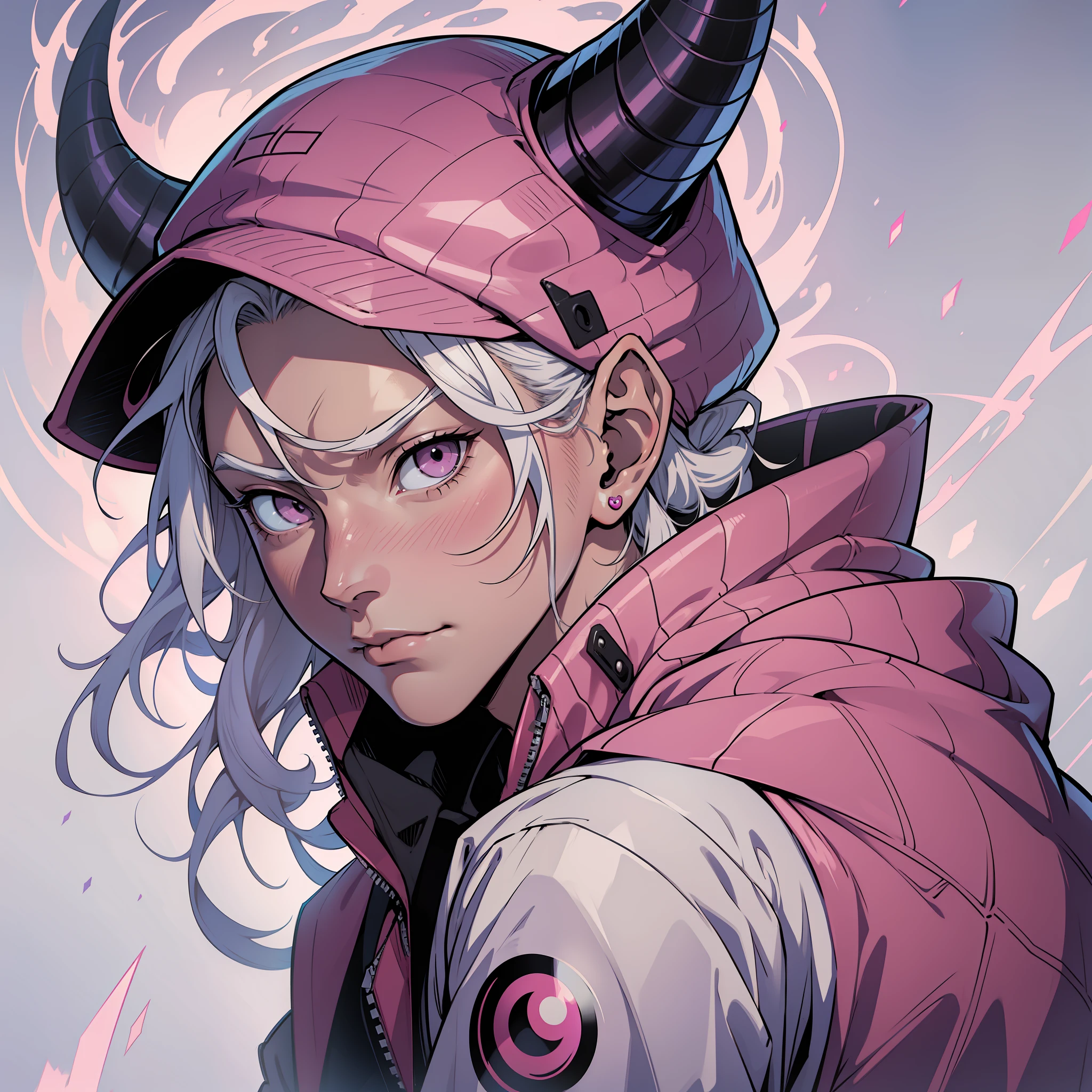 (masterpiece, superior quality, best quality) Unreal Engine 5 .1, male male boy, anime character with pink jacket, pink hat and white horns, crouched, pink iconic character, kentaro miura manga art style, high quality fanart, danganronpa digital art, lowres, demon boy, comic art, Jamie Hewlett inspired art, vibrant fan art, anato finnstark!!, official art, high quality colorful sketch