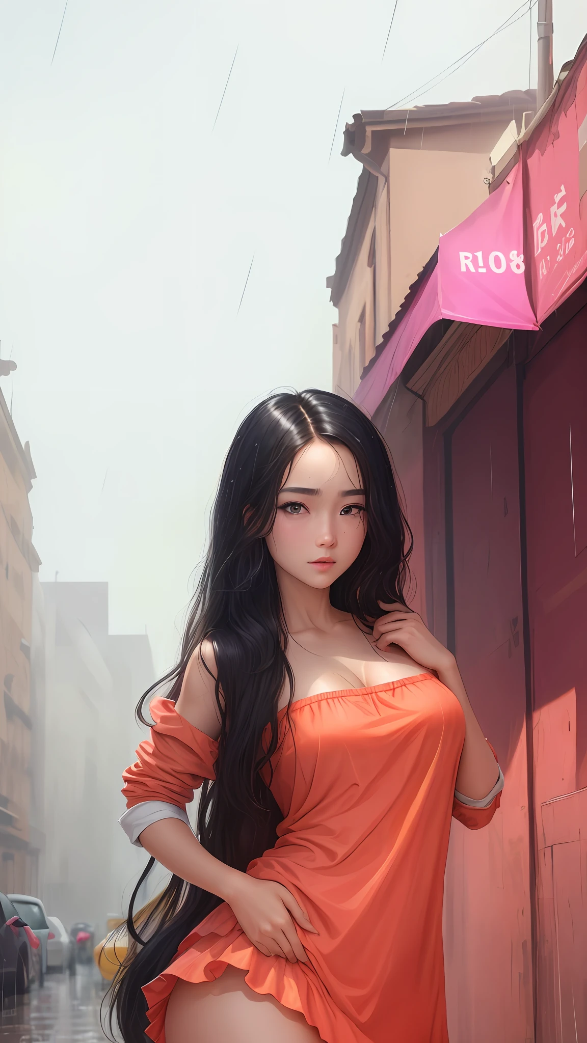 ((Best Quality, 8K, Masterpiece:1.3)), Focus: 1.2, Perfect Body Beauty: 1.4, Buttocks: 1.2, ((Layered Haircut, Breasts: 1.2)), (Wet Clothes: 1.1) , (Rain, Street:1.3), Bandeau Dress: 1.1, Highly Detailed Face and Skin Texture, Delicate Eyes, Double Eyelids, Whitened Skin, Long Hair