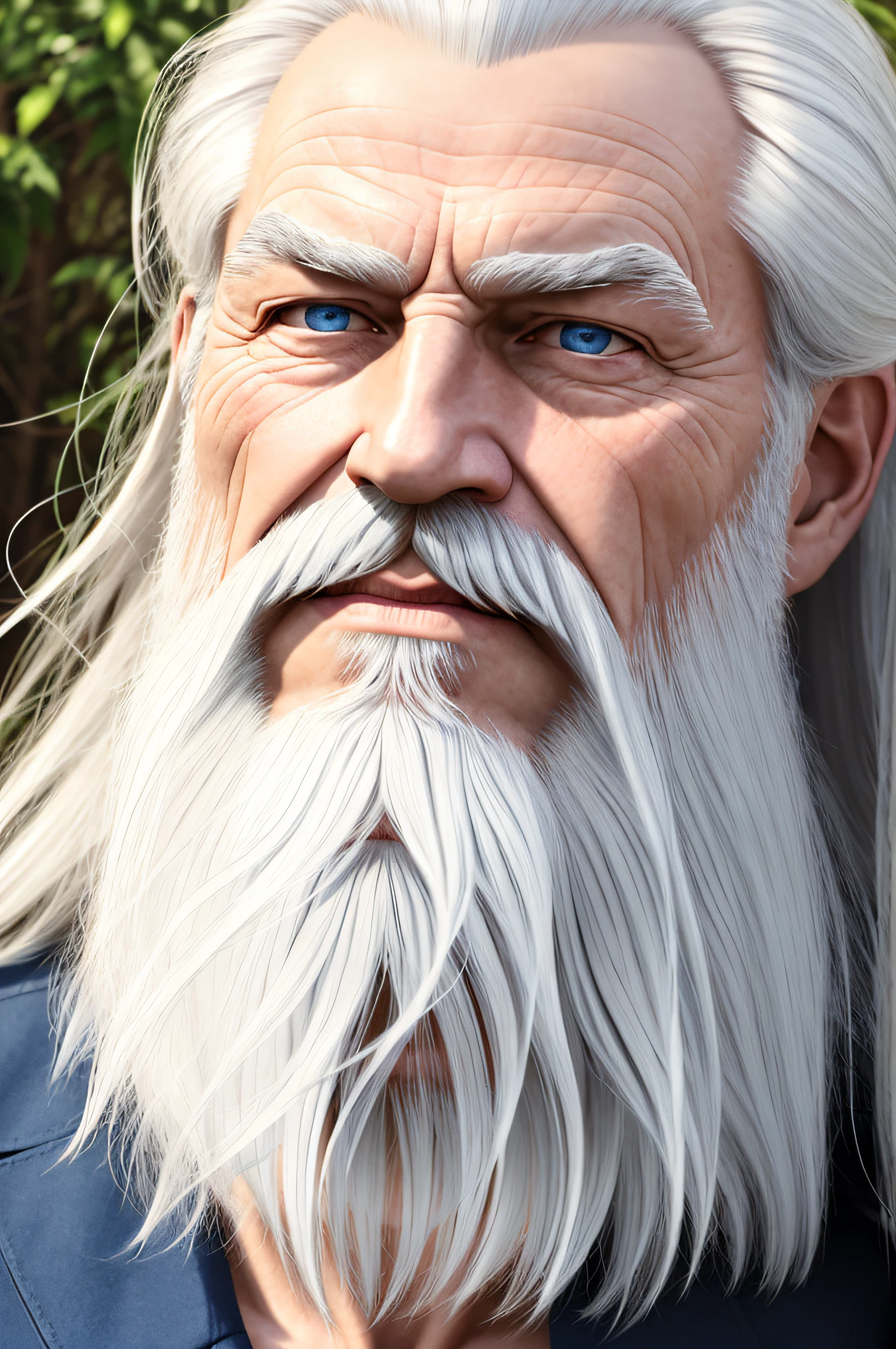 face of an Old Man about 80 years old, white and cold skin 3D extremely realistic hair White and shiny with locks and long and white beard, imposing face as very important, blue eyes photo of half body looking at nature